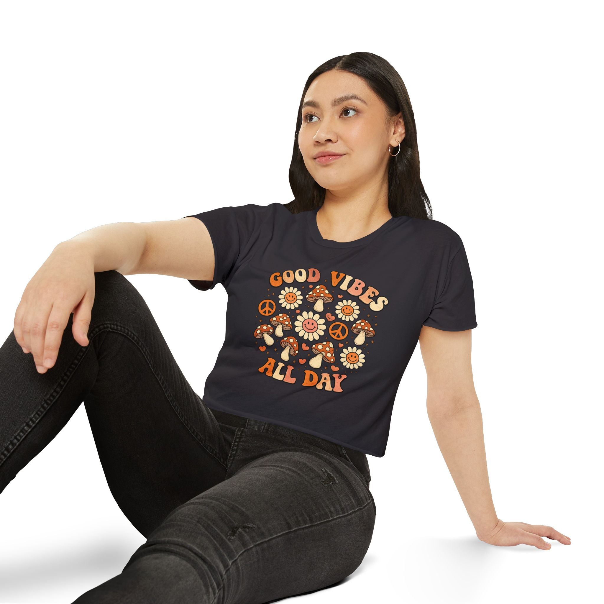 Good Vibes All Day Crop Top — Retro Mushroom & Sun Festival Tee