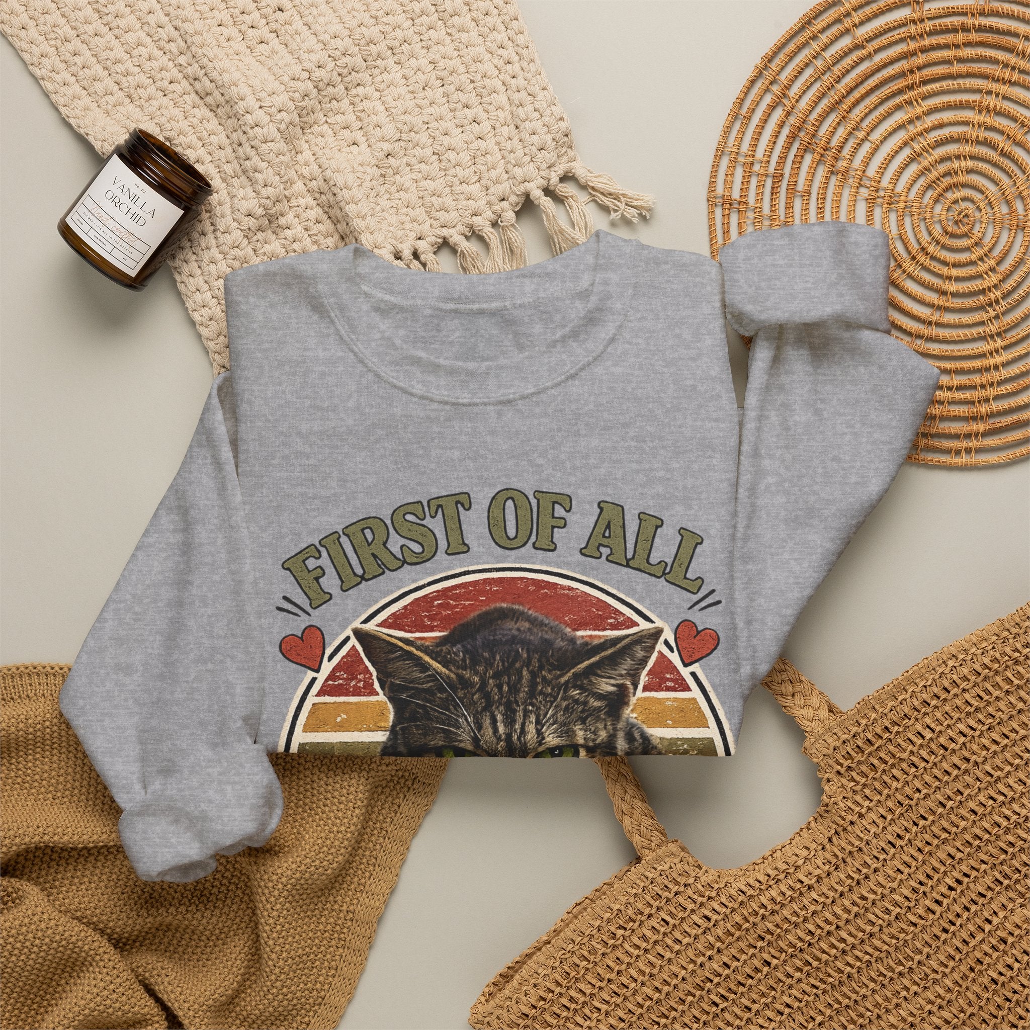 Cat Crewneck Sweatshirt — "First of All I'm a Delight" Retro Cat Pullover