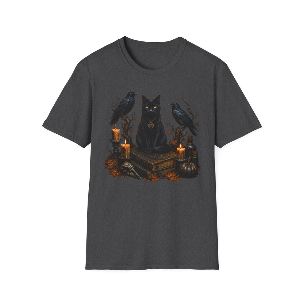Occult Black Cat T-Shirt — Witchy Candle & Raven Spell Design