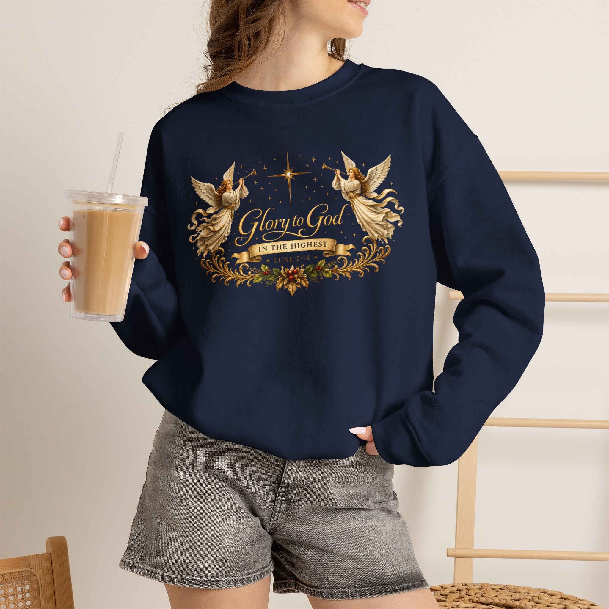 Glory to God Crewneck Sweatshirt — Angel Wings & Star Christian Holiday Pullover