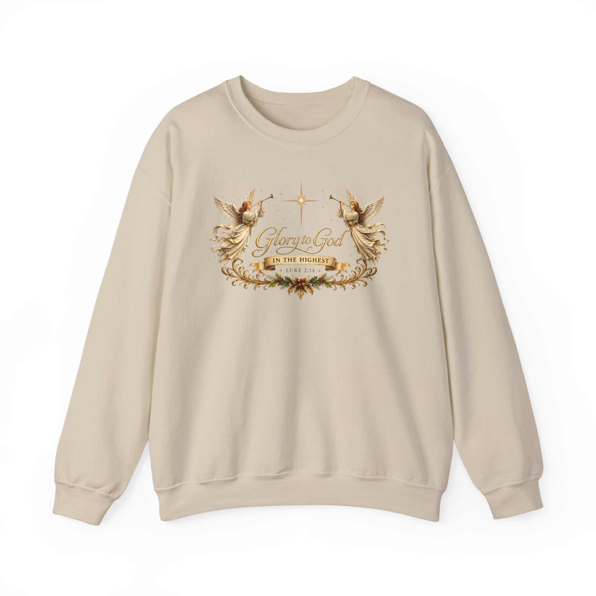 Glory to God Crewneck Sweatshirt — Angel Wings & Star Christian Holiday Pullover