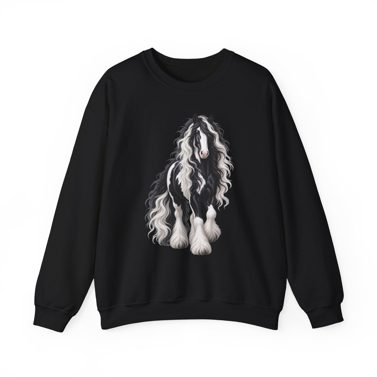 Gypsy Vanner Horse Crewneck Sweatshirt — Black & White Fluffy Pony Graphic
