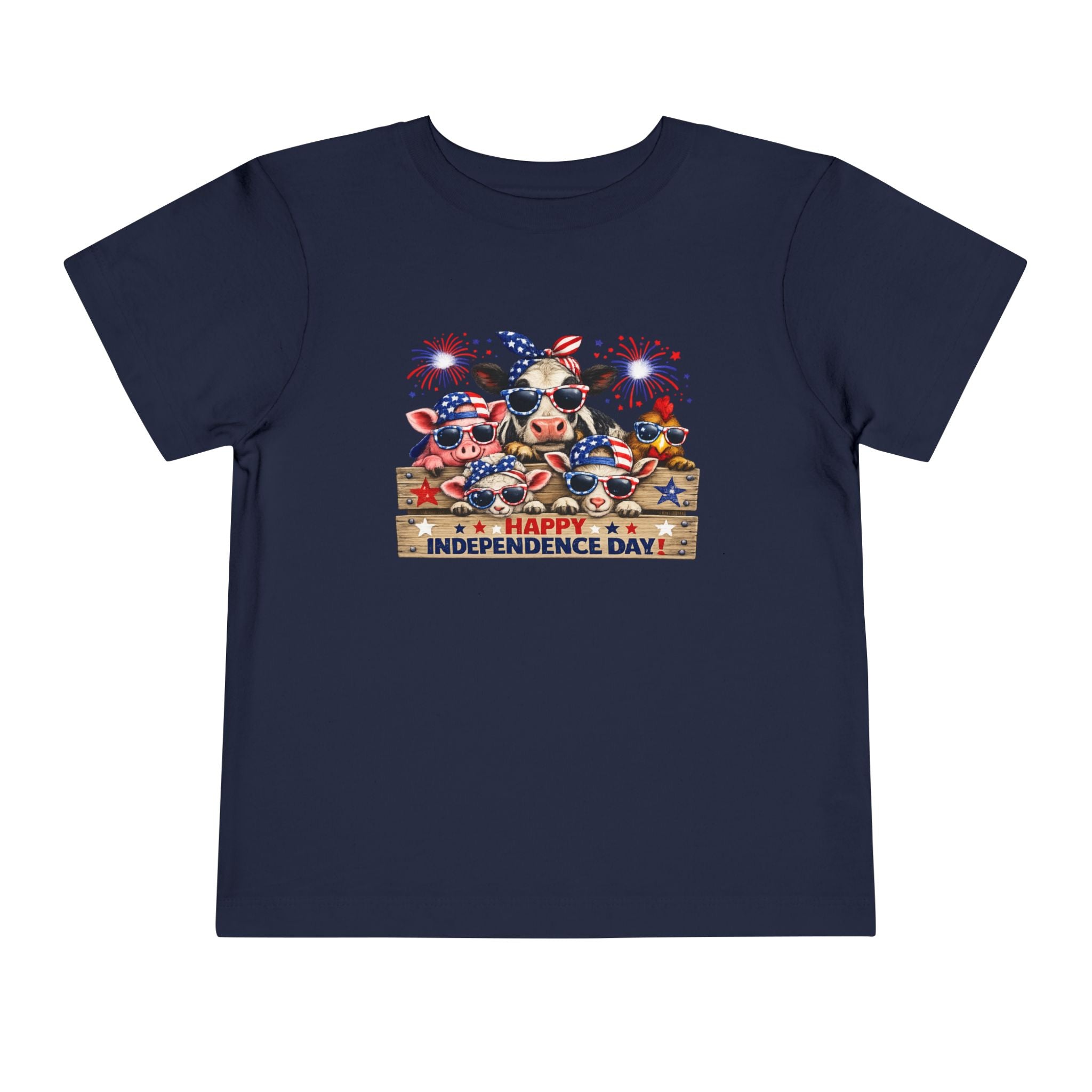 Happy Independence Day Toddler Tee — Patriotic Farm Animals  & Fireworks 4th of July Shirt