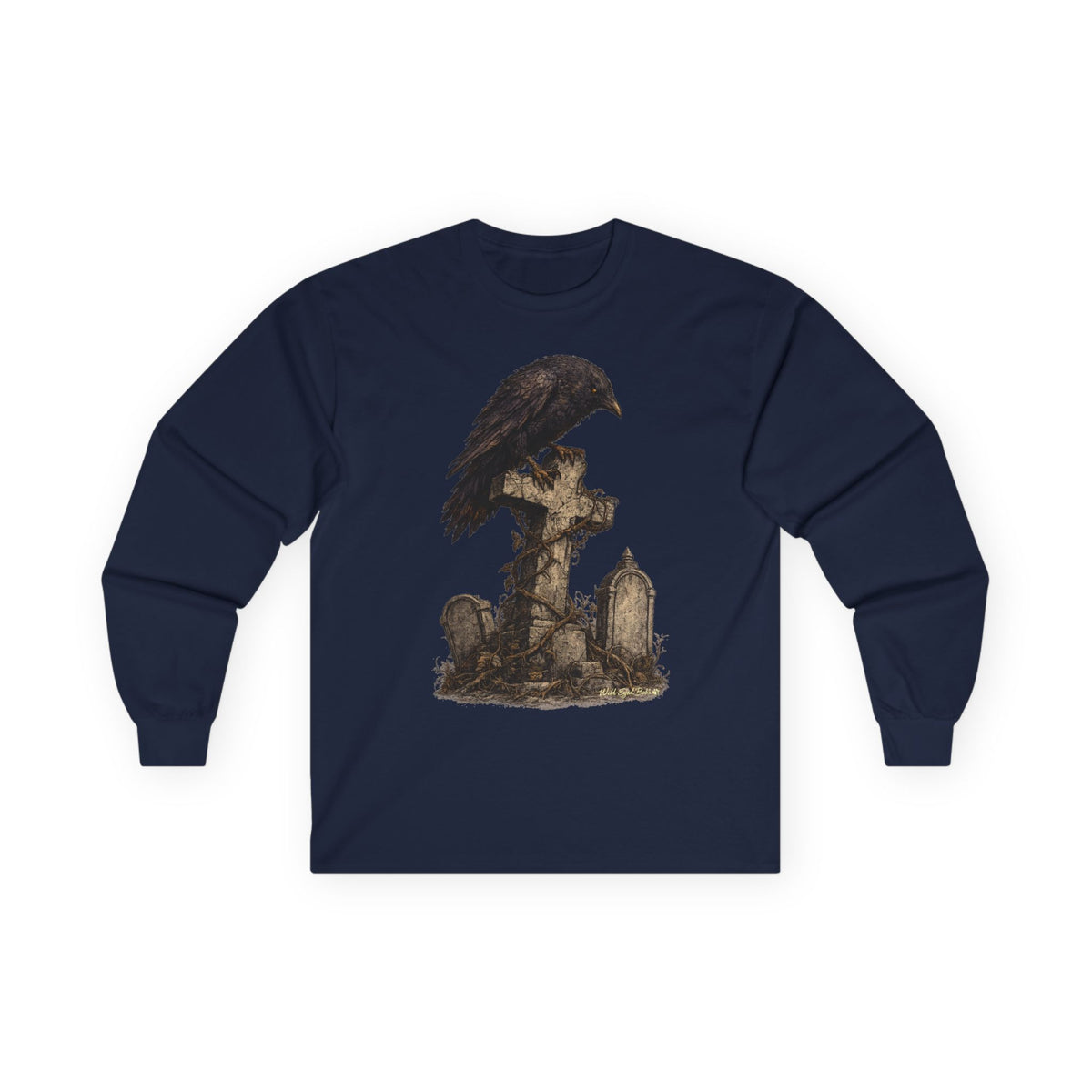 Raven on Gothic Graveyard Cross Long Sleeve Tee-Goth Halloween