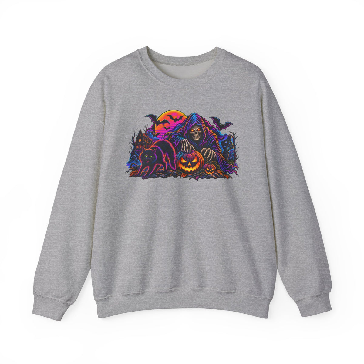 Halloween Crewneck Sweatshirt — Neon Haunted Pumpkin & Grim Reaper Design
