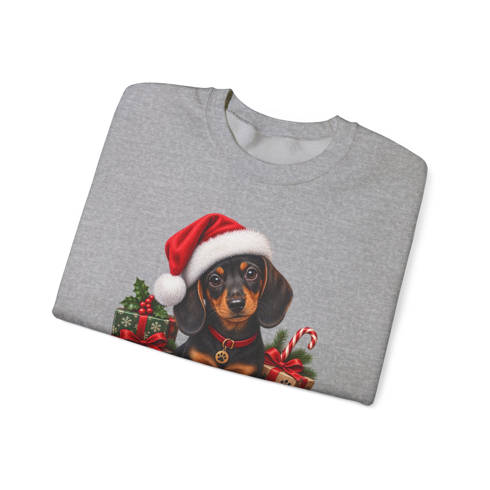 Christmas Dachshund Sweatshirt — Cute Puppy in Santa Hat Holiday Crewneck