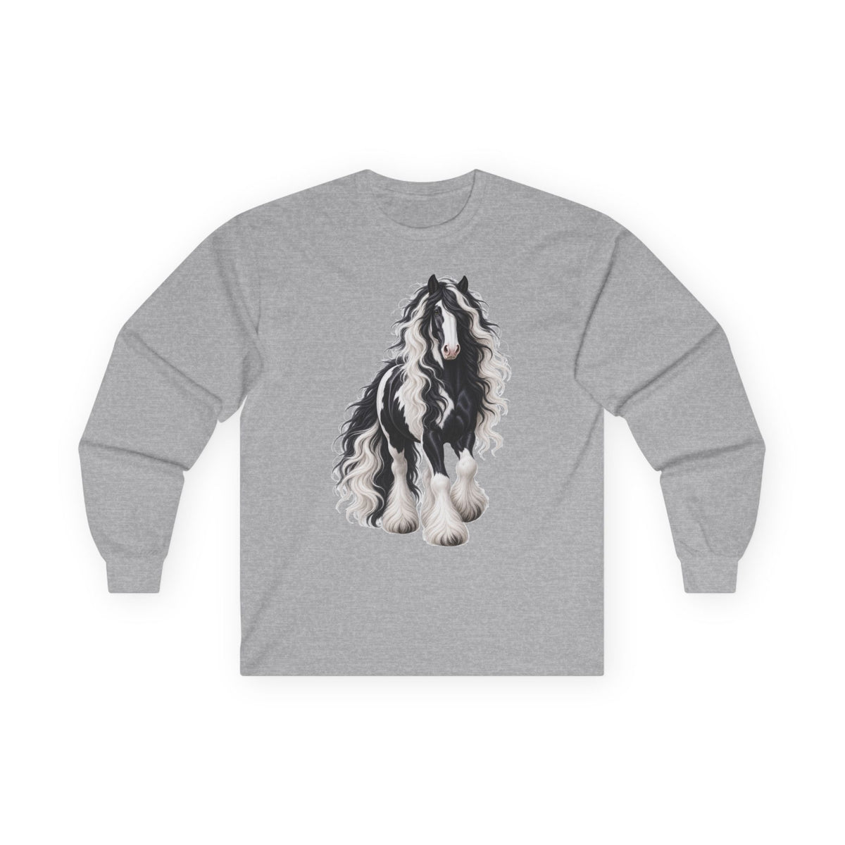 Gypsy Vanner Horse Long Sleeve Tee — Black & White Fluffy Horse Art