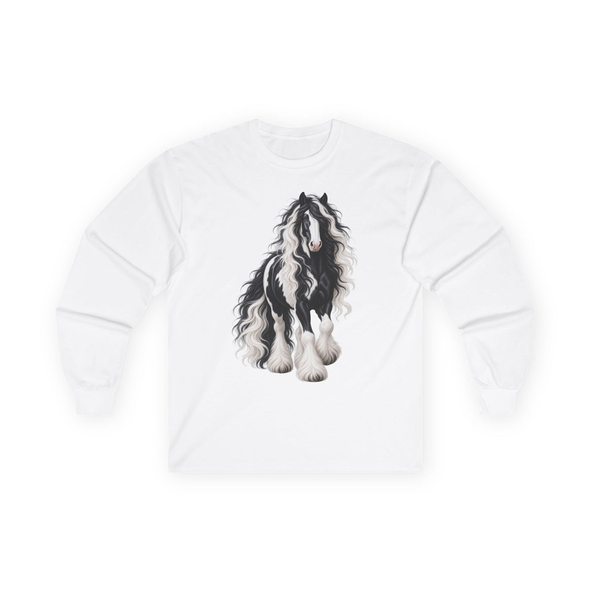 Gypsy Vanner Horse Long Sleeve Tee — Black & White Fluffy Horse Art