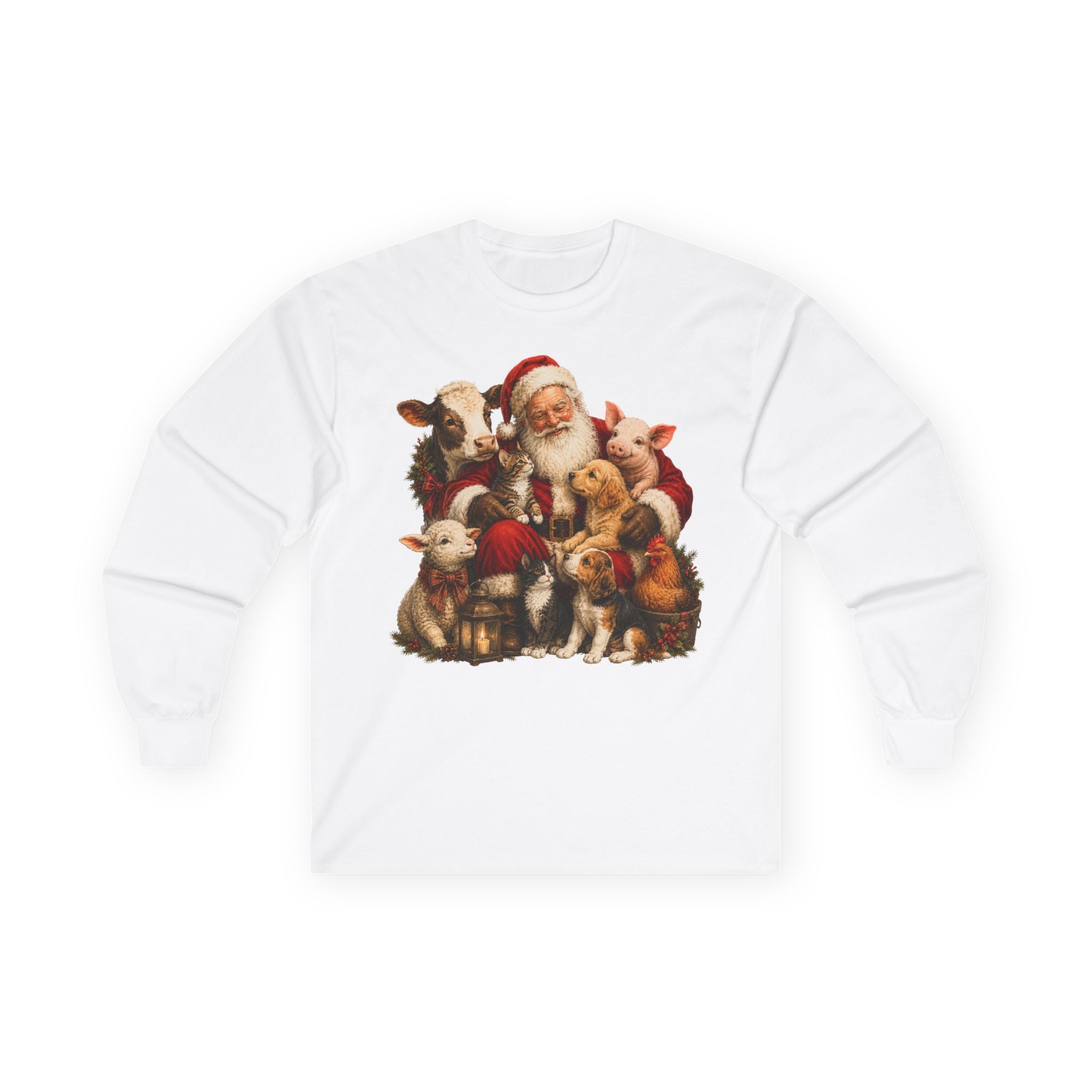 Christmas Santa with farm animals Long Sleeve Tee — Vintage Holiday Animal Shirt