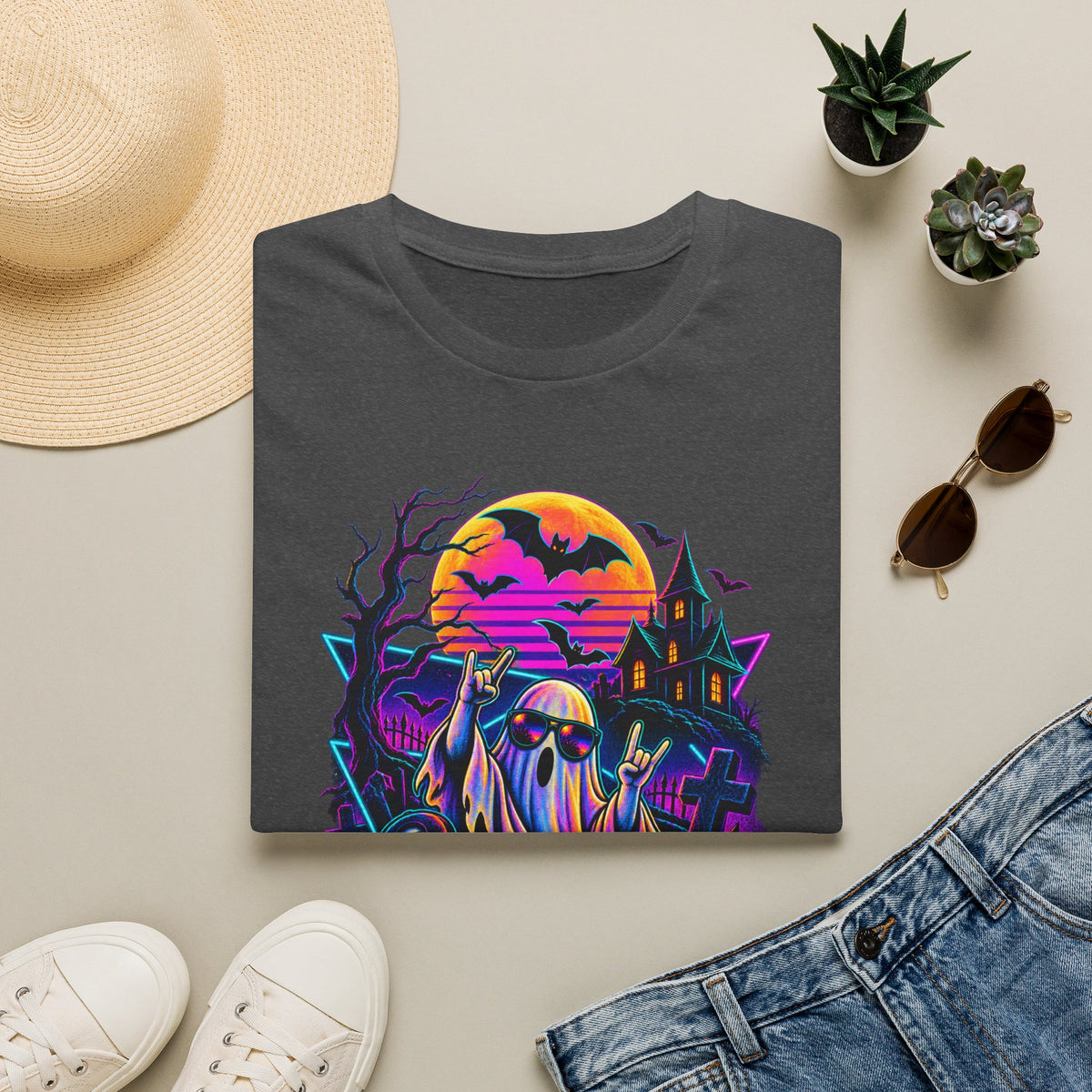 Halloween Neon Ghost T-Shirt — Retro Haunted House Pumpkin Design