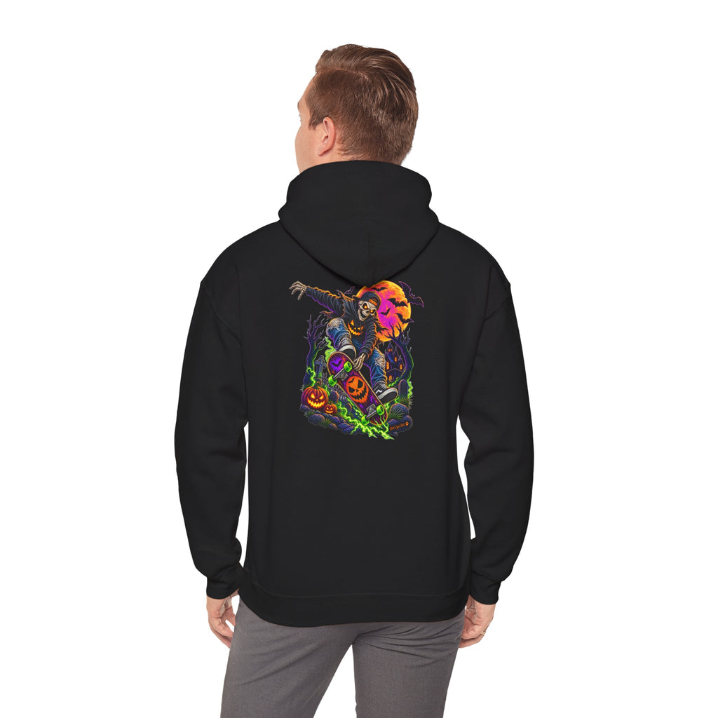 Halloween Skeleton skateboarder Hoodie — Pumpkin Patch Horror Graphic Sweatshirt