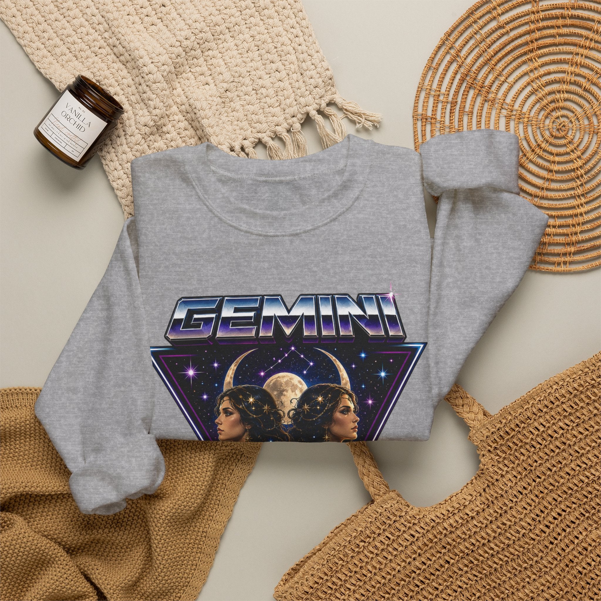 Gemini Zodiac Crewneck Sweatshirt — Retro Twin Astrology Graphic