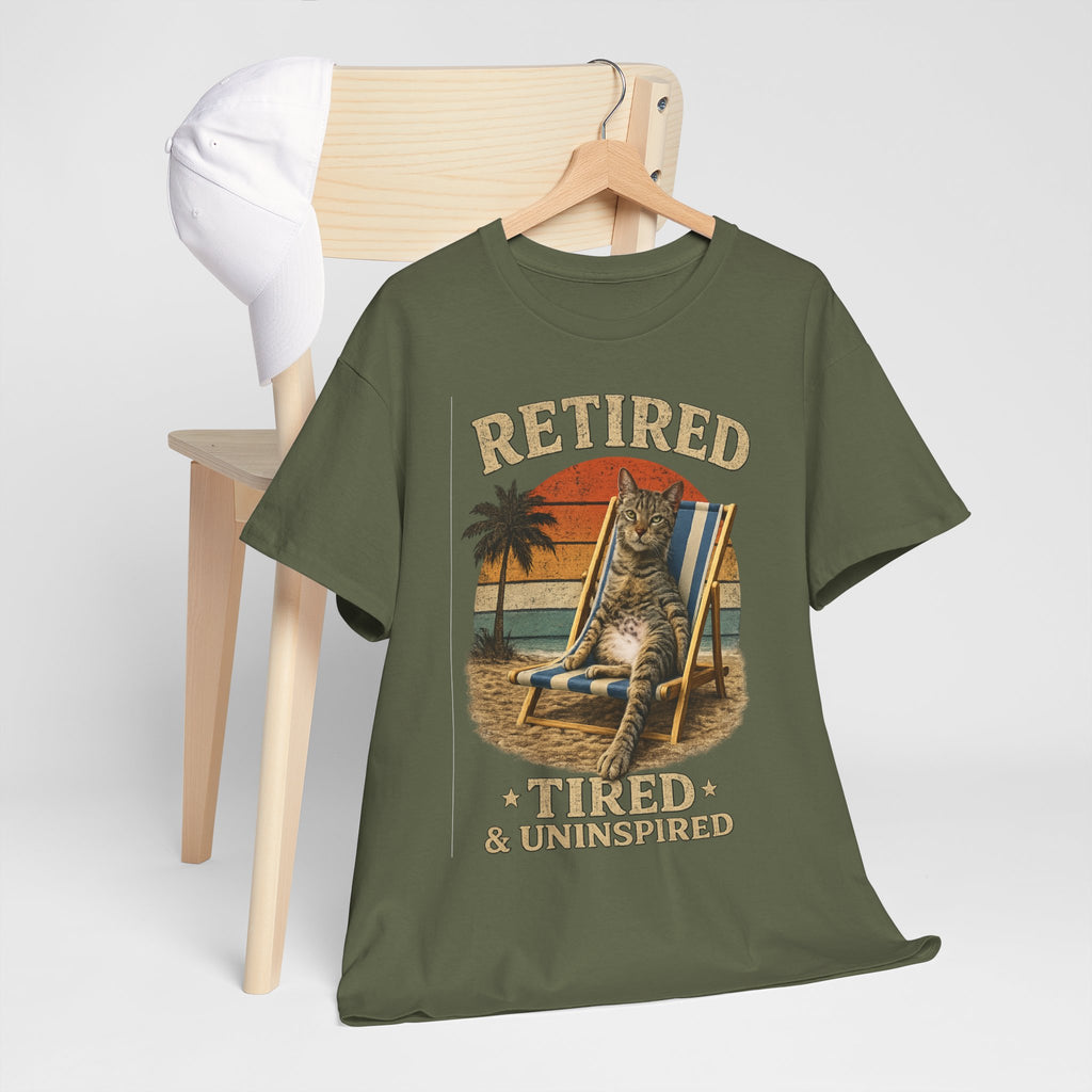 Retired, Tired & Uninspired Cat Tee — Funny Retirement Shirt