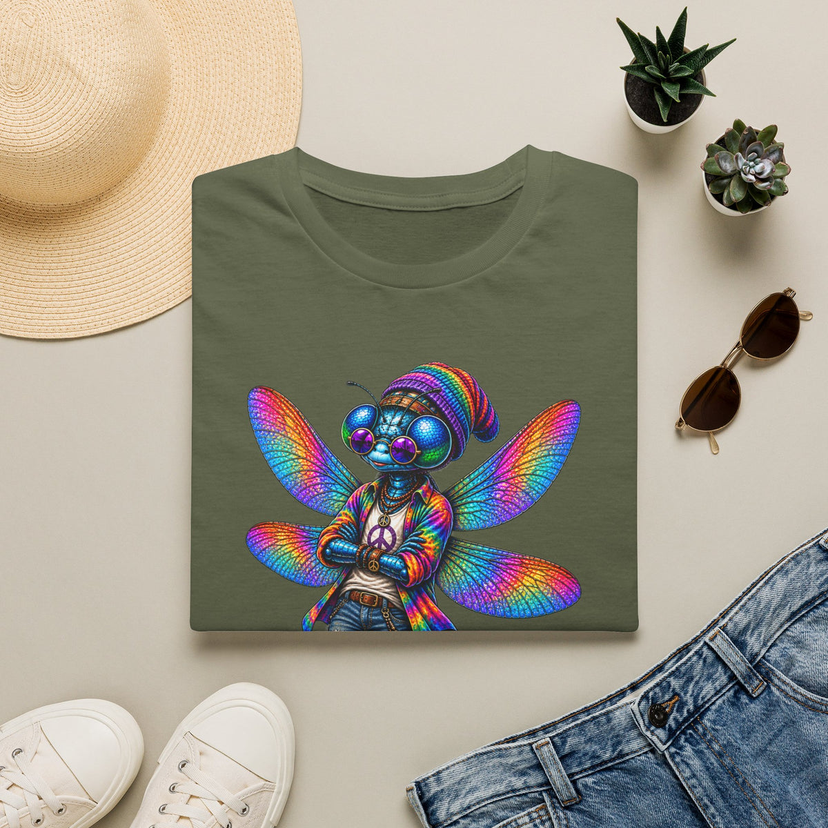 Psychedelic Dragonfly Graphic T-Shirt — Colorful Rasta-Inspired Bug Art Tee