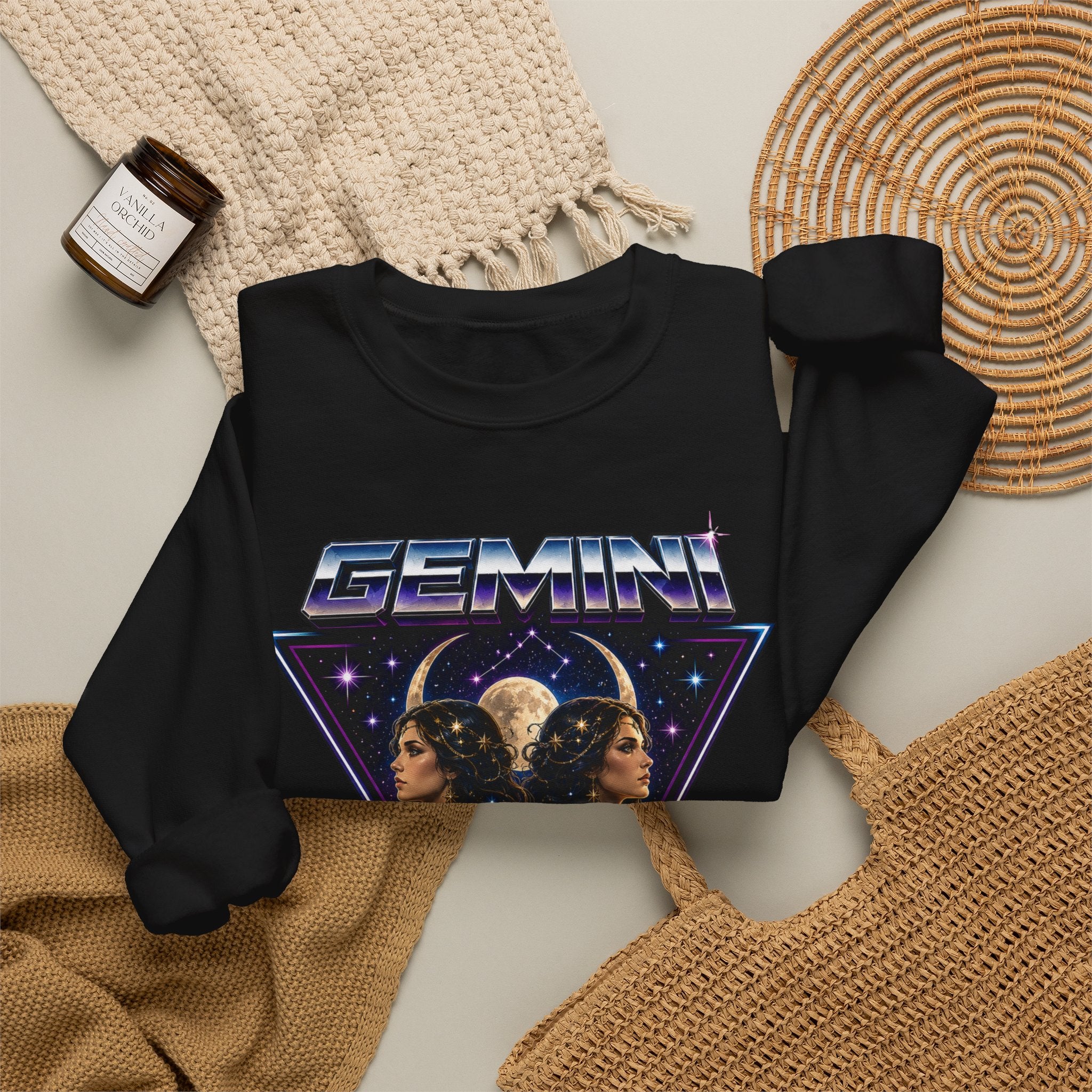 Gemini Zodiac Crewneck Sweatshirt — Retro Twin Astrology Graphic
