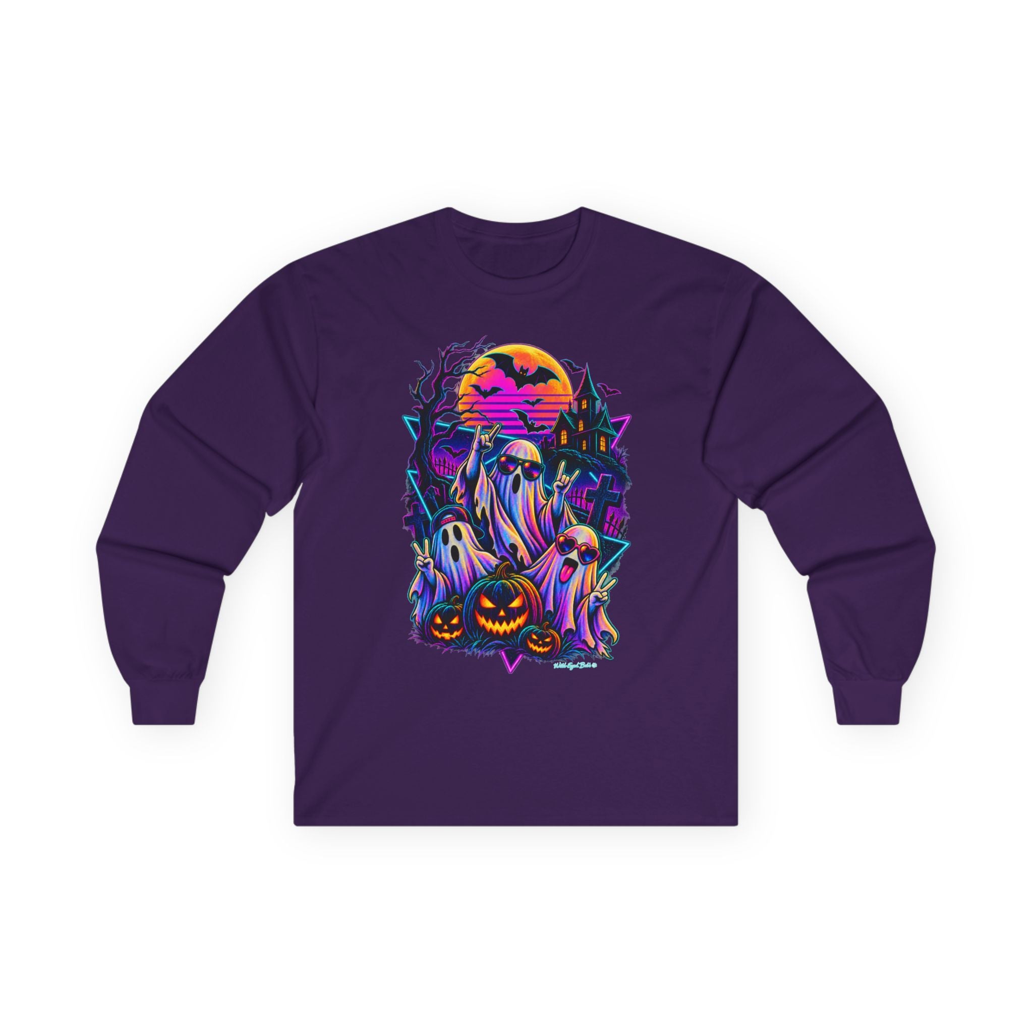 Halloween Ghosts Long Sleeve Tee – Neon Spooky Pumpkin Graveyard Shirt