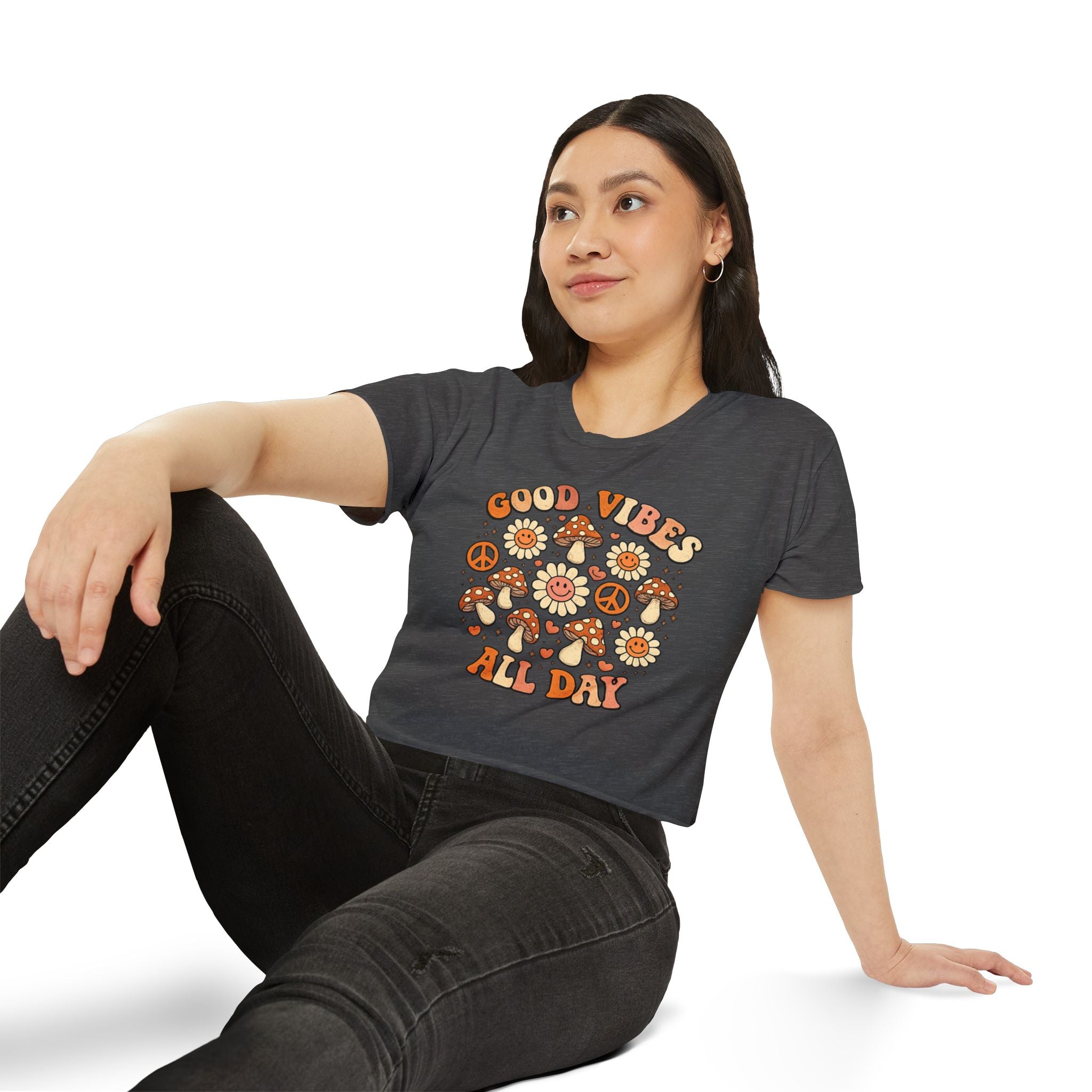 Good Vibes All Day Crop Top — Retro Mushroom & Sun Festival Tee