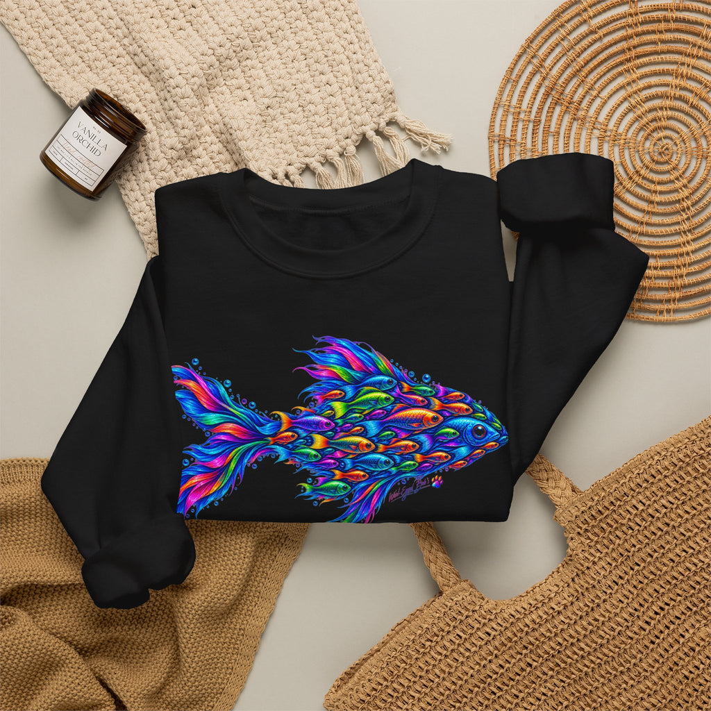 Colorful Fish Crewneck Sweatshirt — Vibrant Psychedelic Fish Graphic