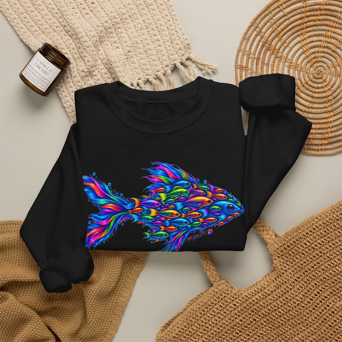 Colorful Fish Crewneck Sweatshirt — Vibrant Psychedelic Fish Graphic