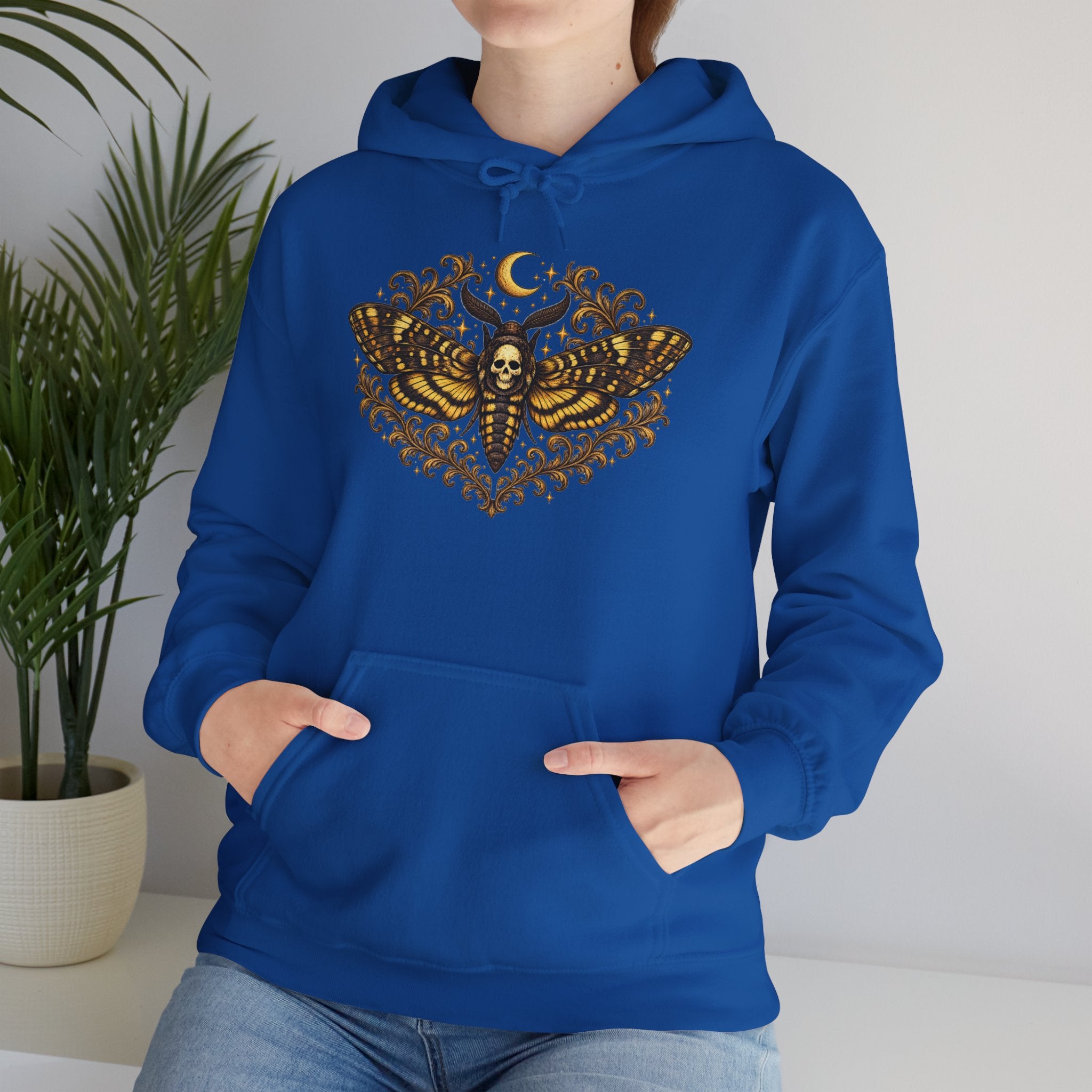Mystic Death Moth Skull Hoodie – Crescent Moon Gothic Graphic Sweatshirt