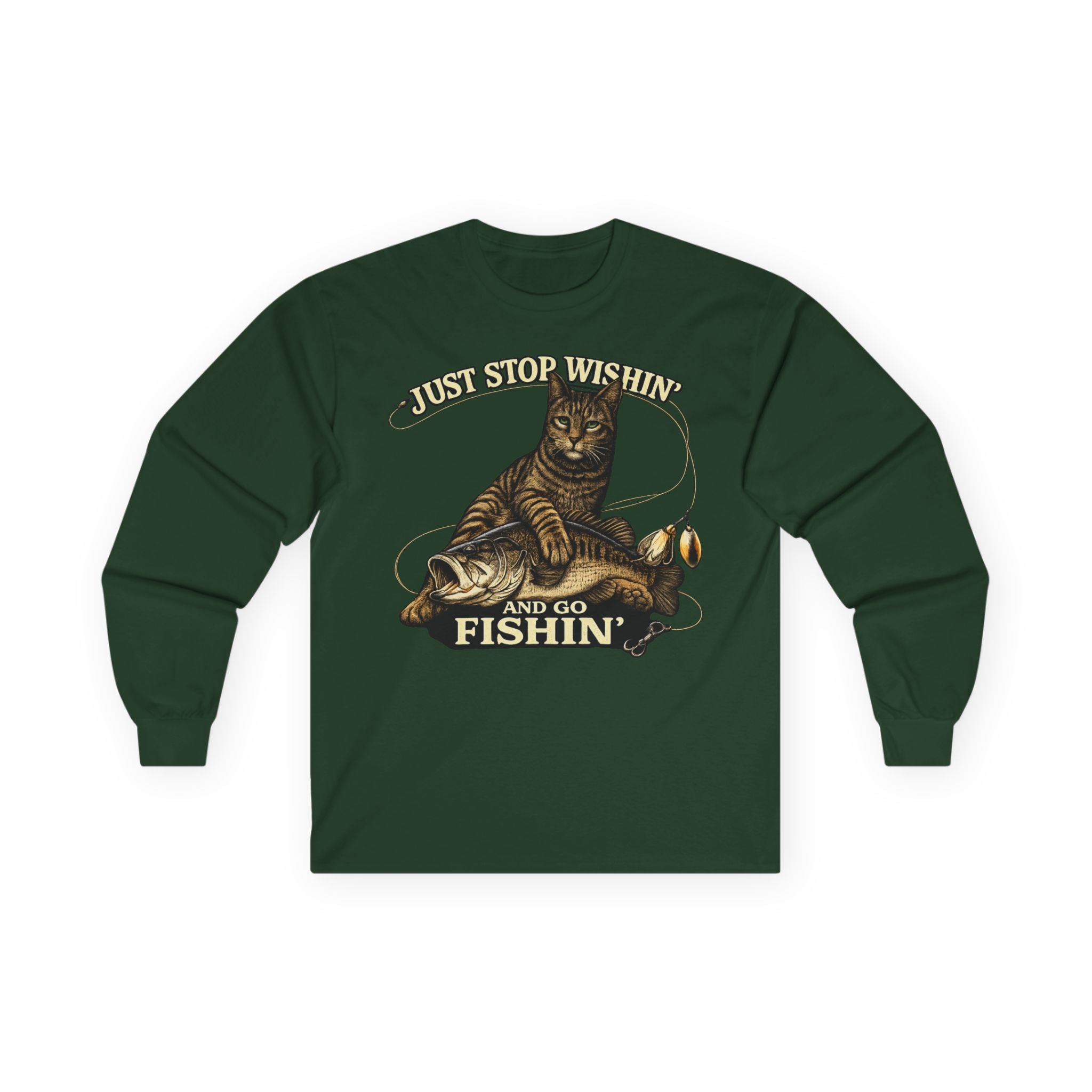 Just Stop Wishin' Fishin' Long Sleeve Tee — Vintage Cat Fishing Graphic