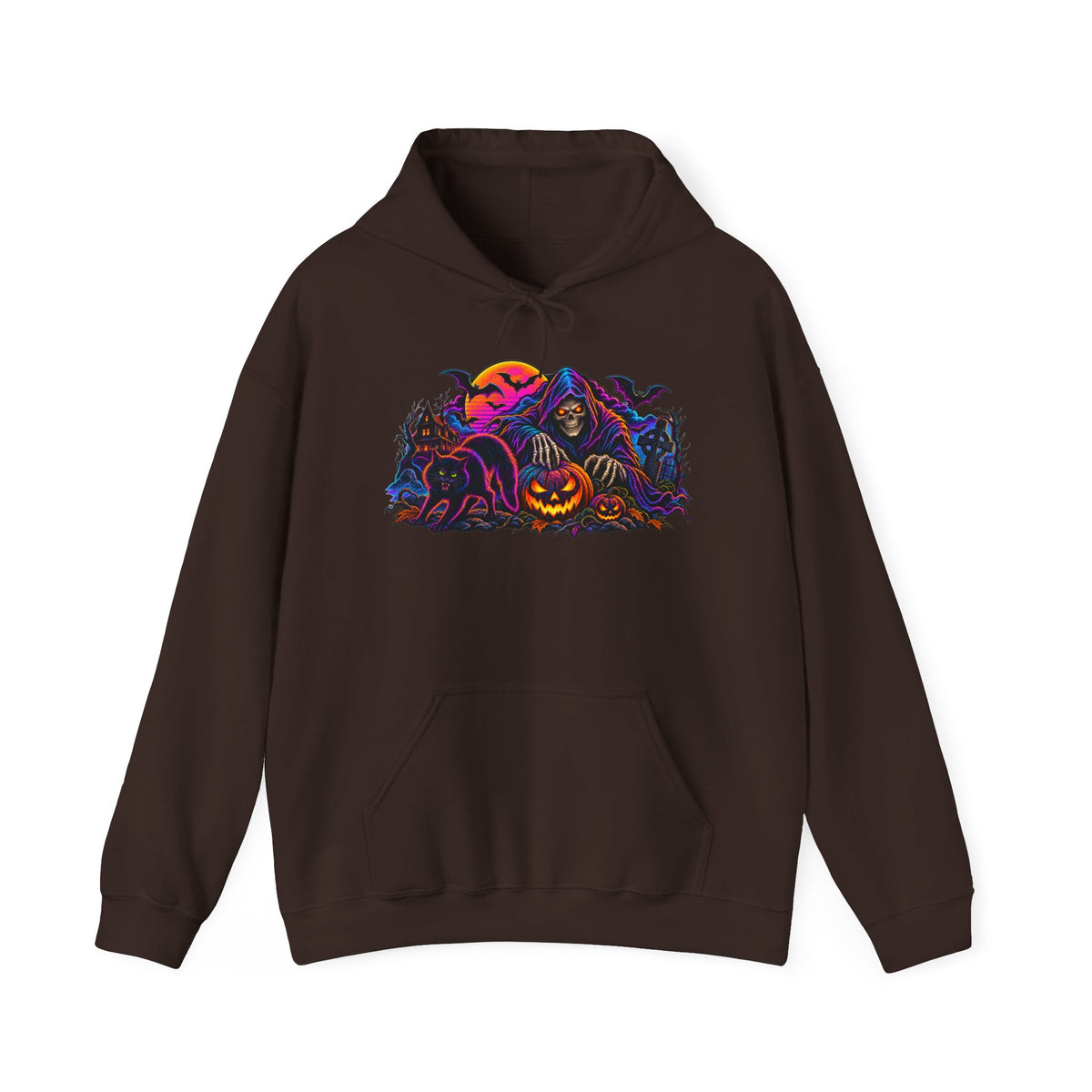 Halloween Horror Hoodie - Neon Jack-O'-Lantern & Ghosts Graphic Sweatshirt