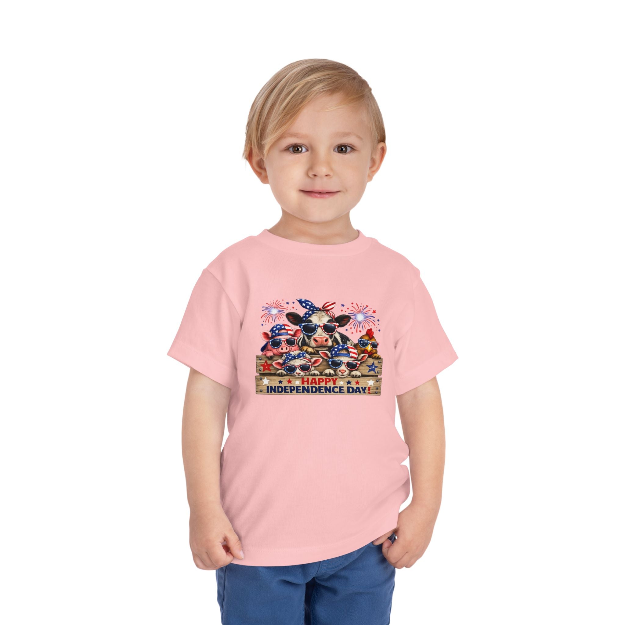 Happy Independence Day Toddler Tee — Patriotic Farm Animals  & Fireworks 4th of July Shirt