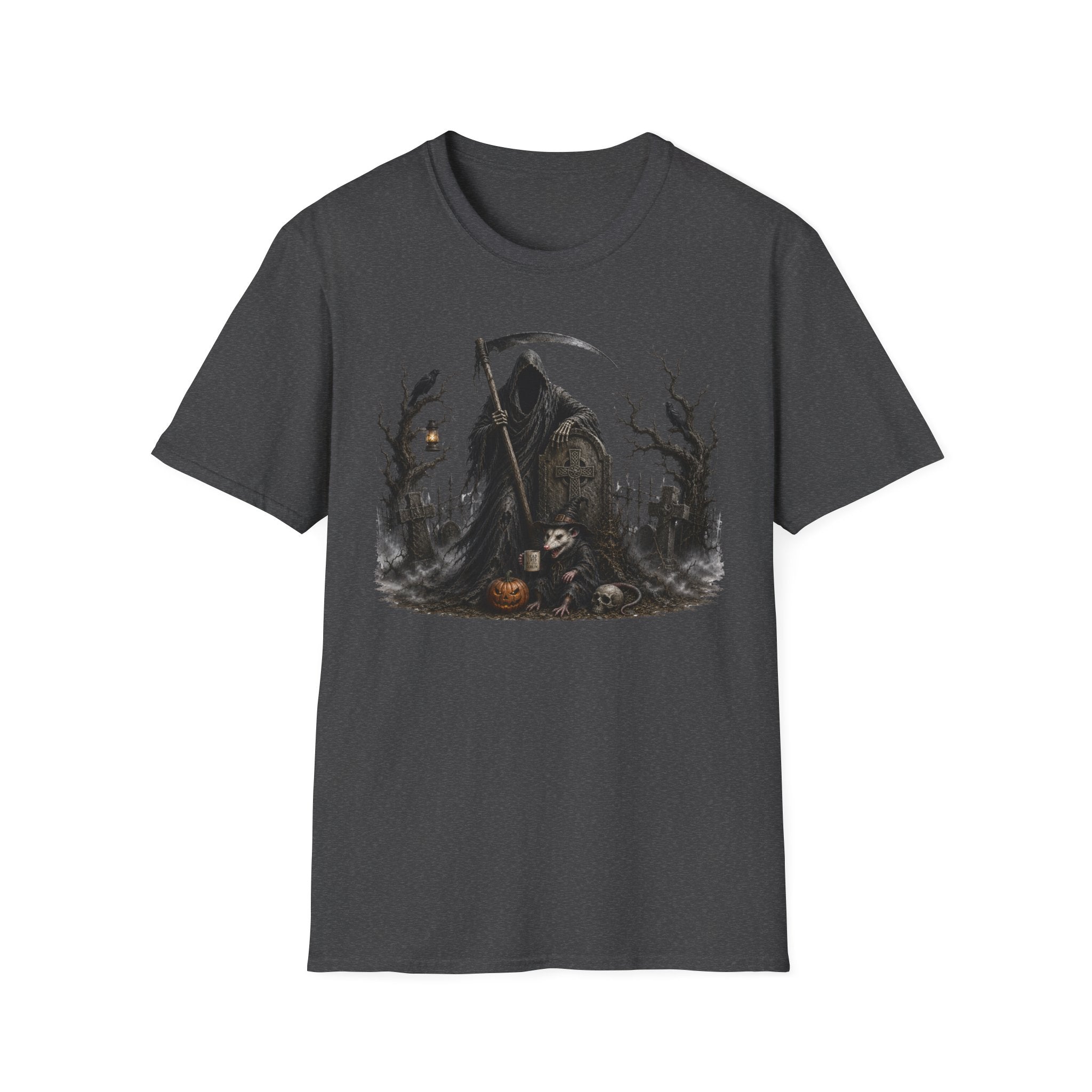 Grim Reaper Cemetery T-Shirt — Gothic Halloween Scythe Design