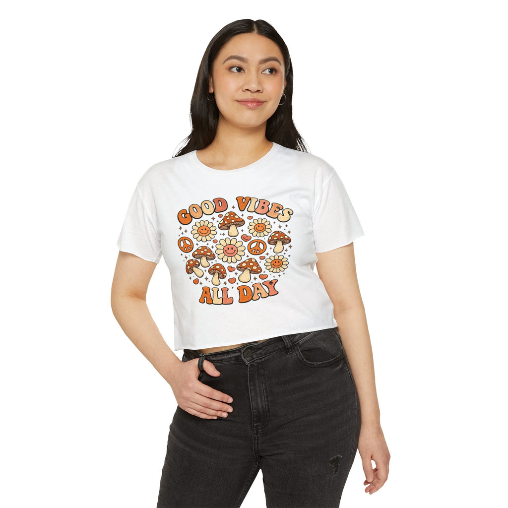 Good Vibes All Day Crop Top — Retro Mushroom & Sun Festival Tee