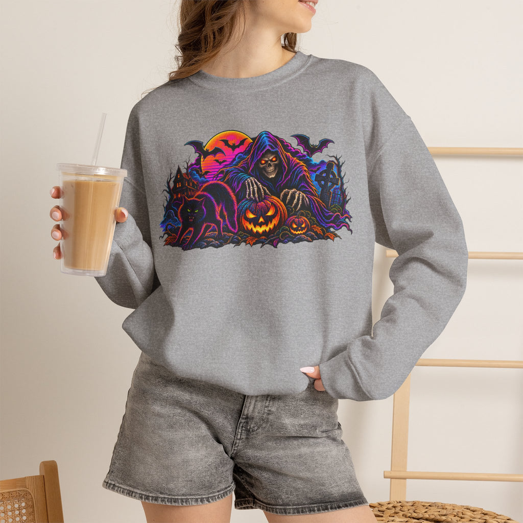 Halloween Crewneck Sweatshirt — Neon Haunted Pumpkin & Grim Reaper Design