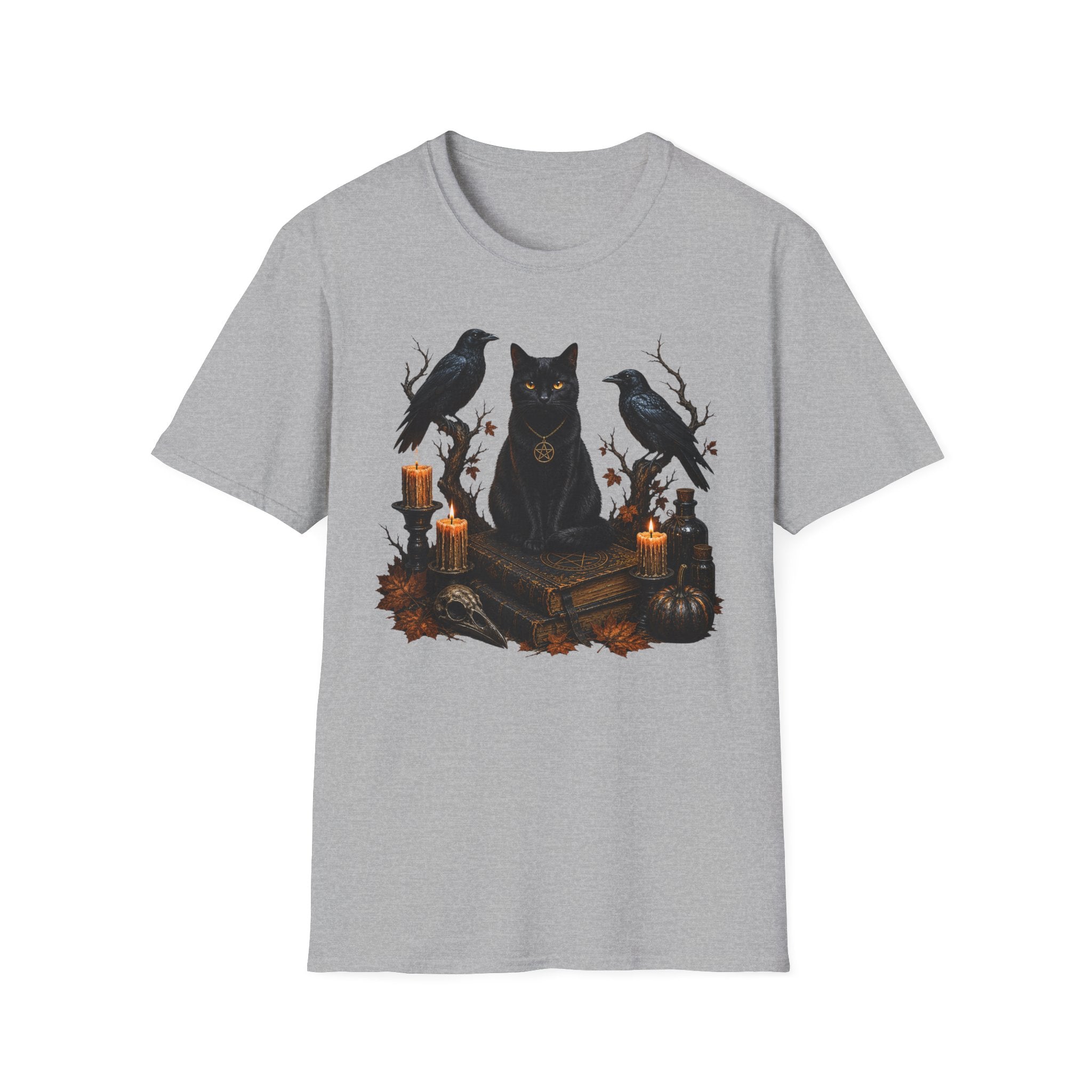 Occult Black Cat T-Shirt — Witchy Candle & Raven Spell Design