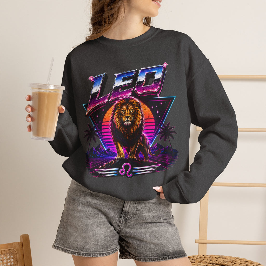 Leo Zodiac Crewneck Sweatshirt — Retro Neon Lion Astrology Design