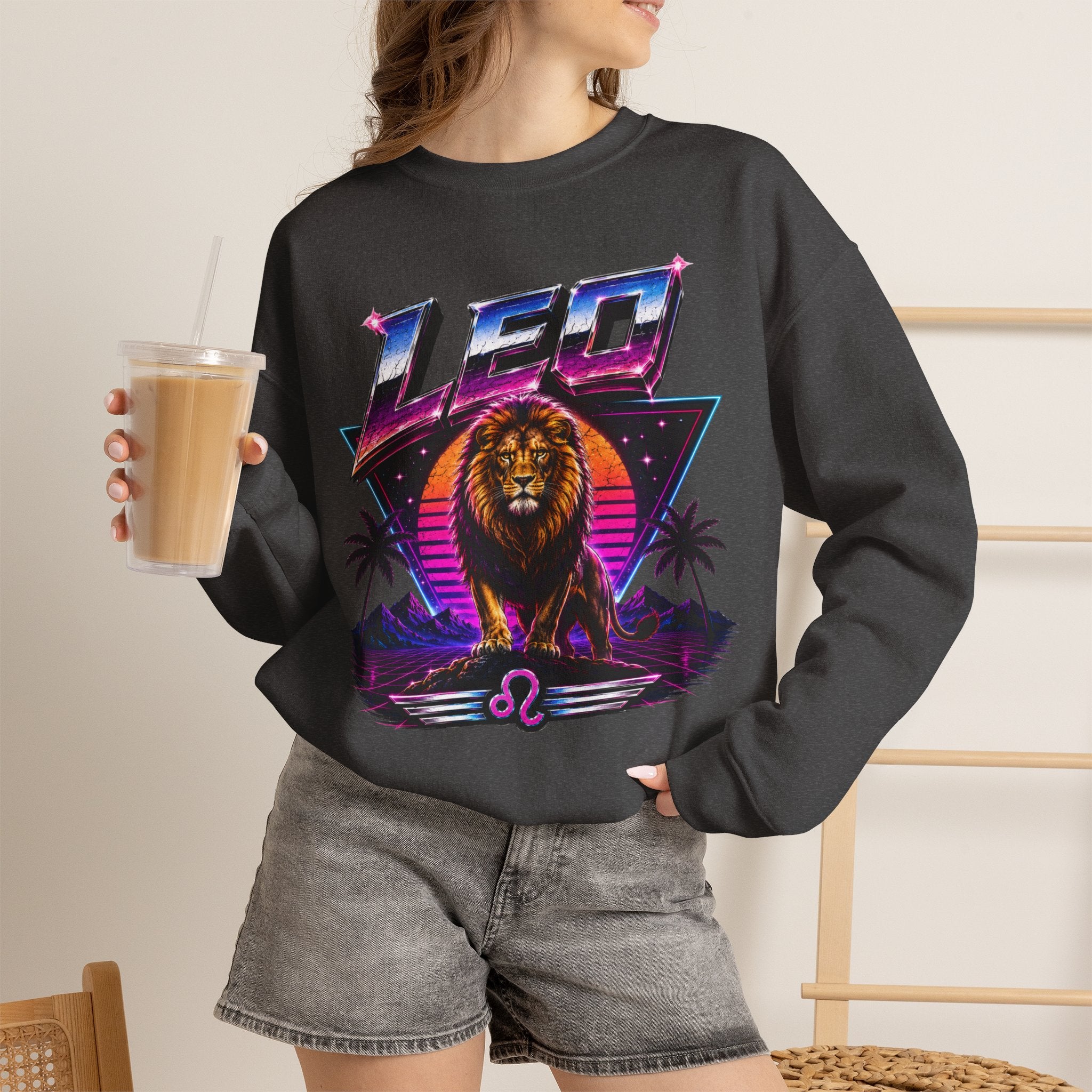 Leo Zodiac Crewneck Sweatshirt — Retro Neon Lion Astrology Design