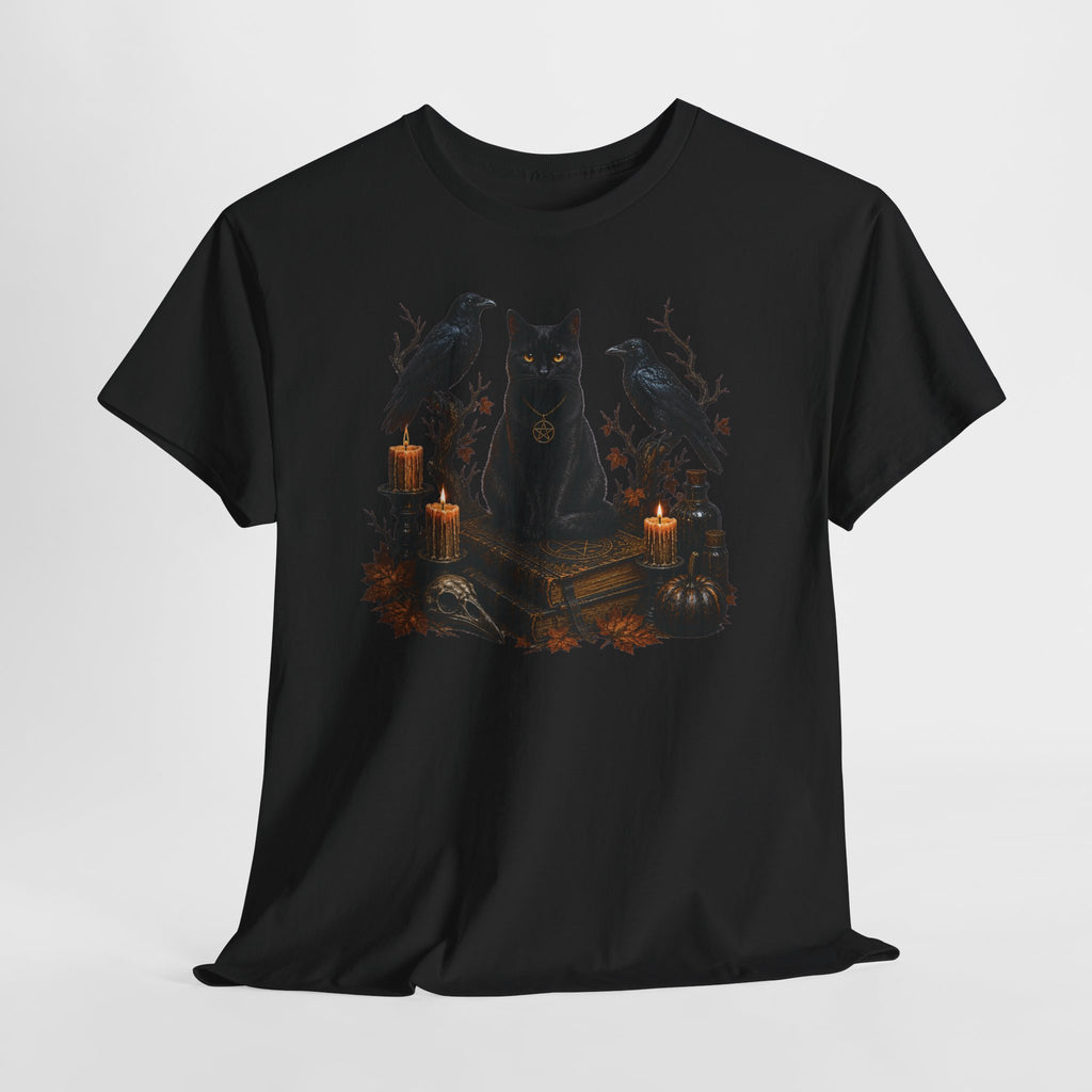 Witchy Black Cat T-Shirt — Candlelit Raven & Grimoire Gothic Tee