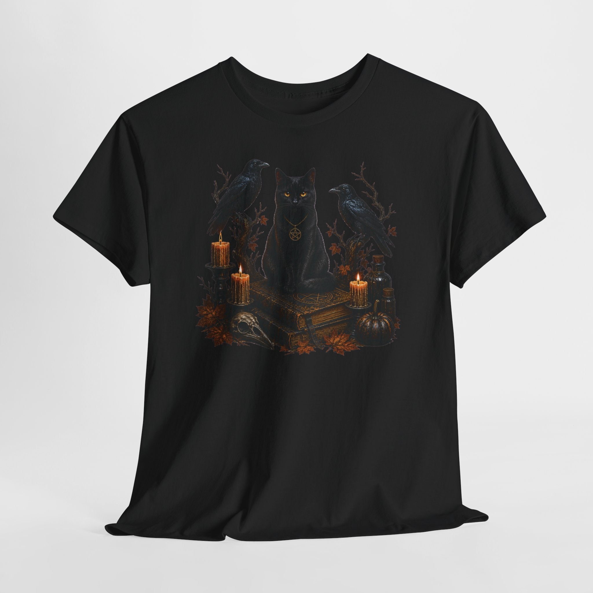 Witchy Black Cat T-Shirt — Candlelit Raven & Grimoire Gothic Tee