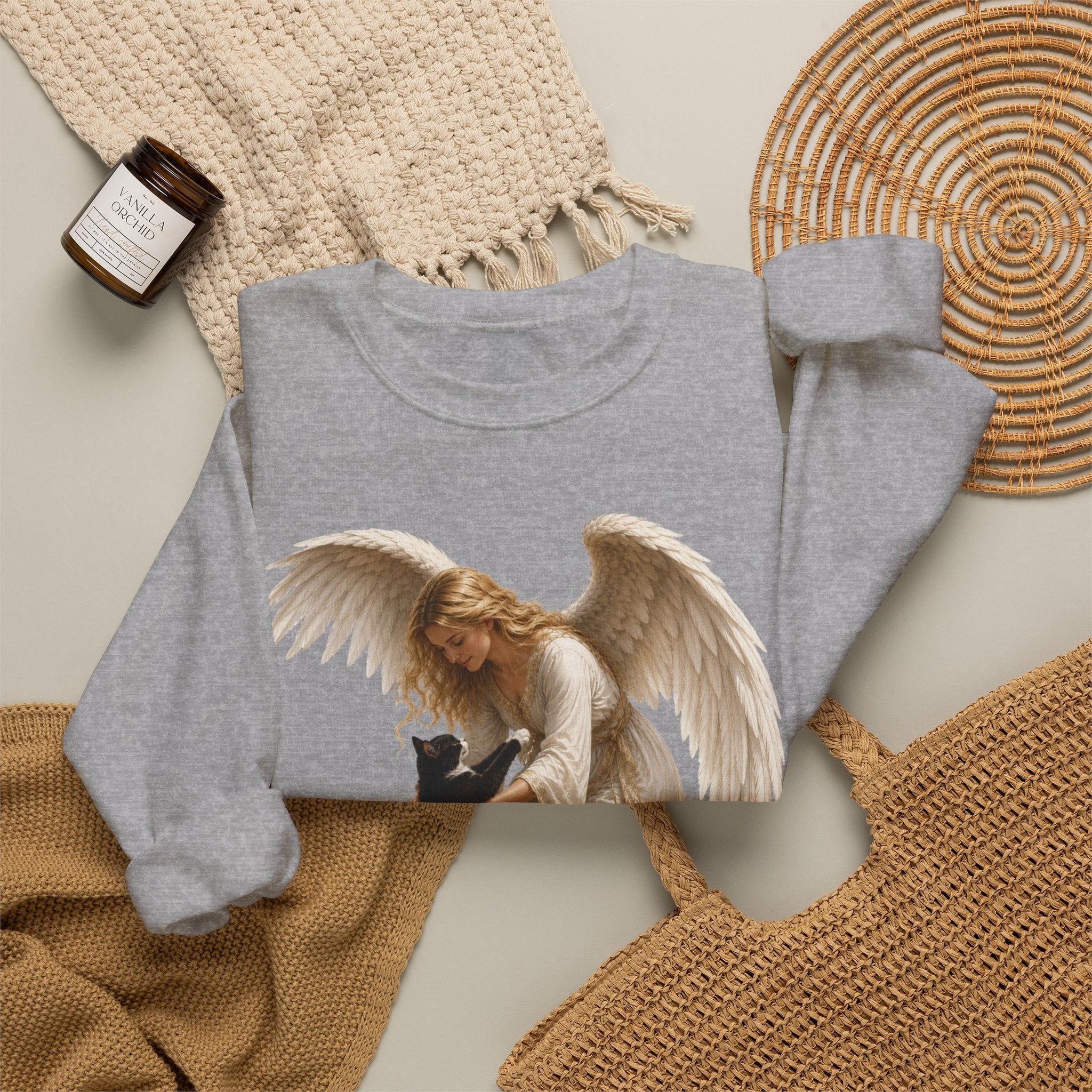 Angel Embrace cat Sweatshirt — Winged Guardian with Cat Graphic