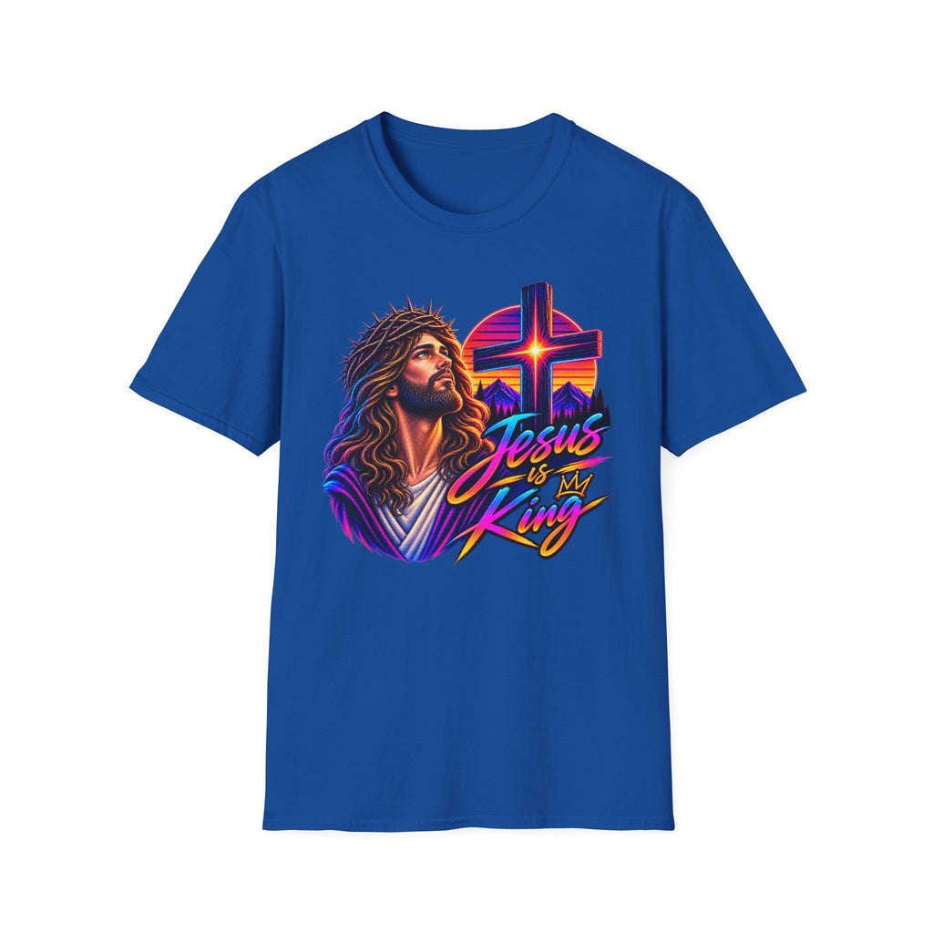 Jesus Is King T‑Shirt — Retro Neon Cross & Christ Portrait