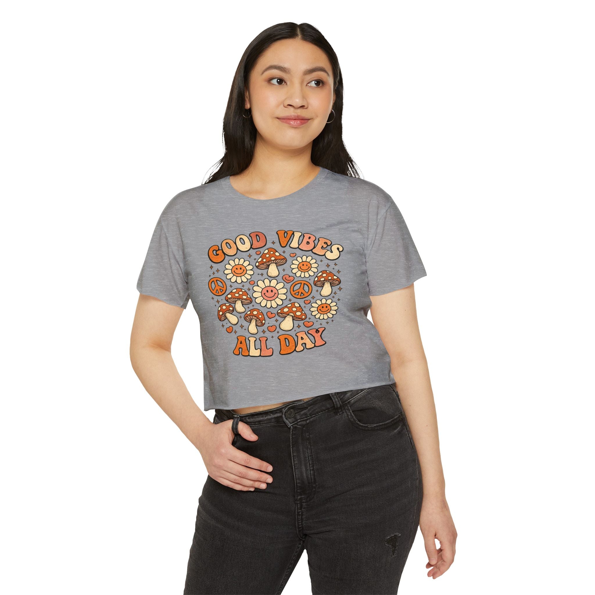 Good Vibes All Day Crop Top — Retro Mushroom & Sun Festival Tee