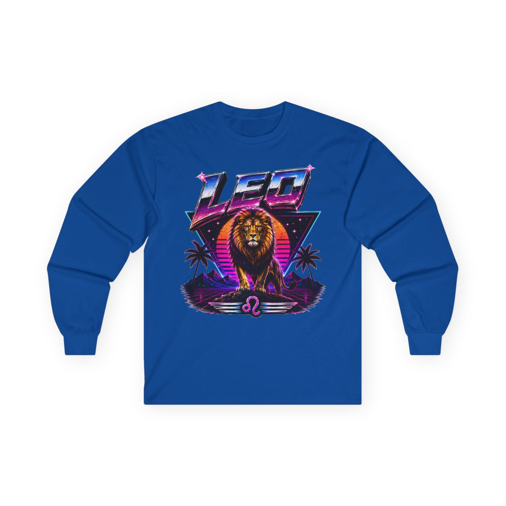 Leo Zodiac Lion Long Sleeve Tee — Retro Sunset Astrology Shirt