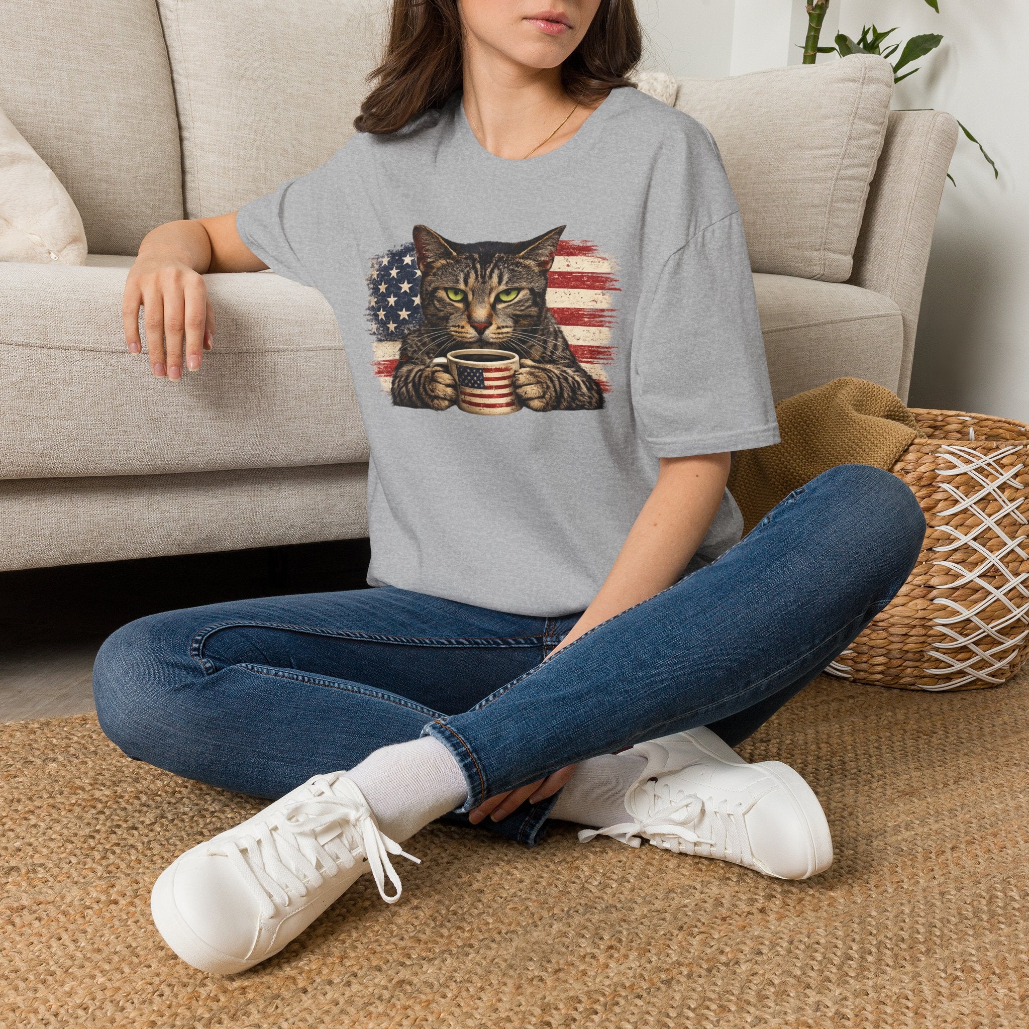 Patriotic Cat T-Shirt — American Flag Kitty with Coffee Mug