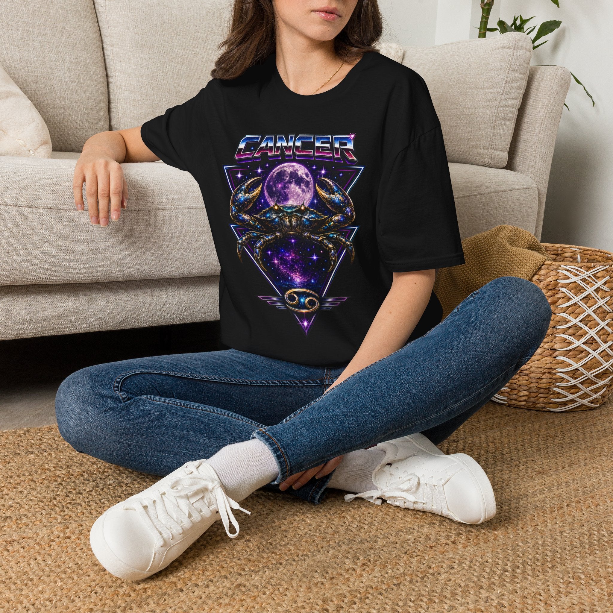 Cancer Zodiac T‑Shirt — Retro Cosmic Crab Design (Astrology Moon Graphic)