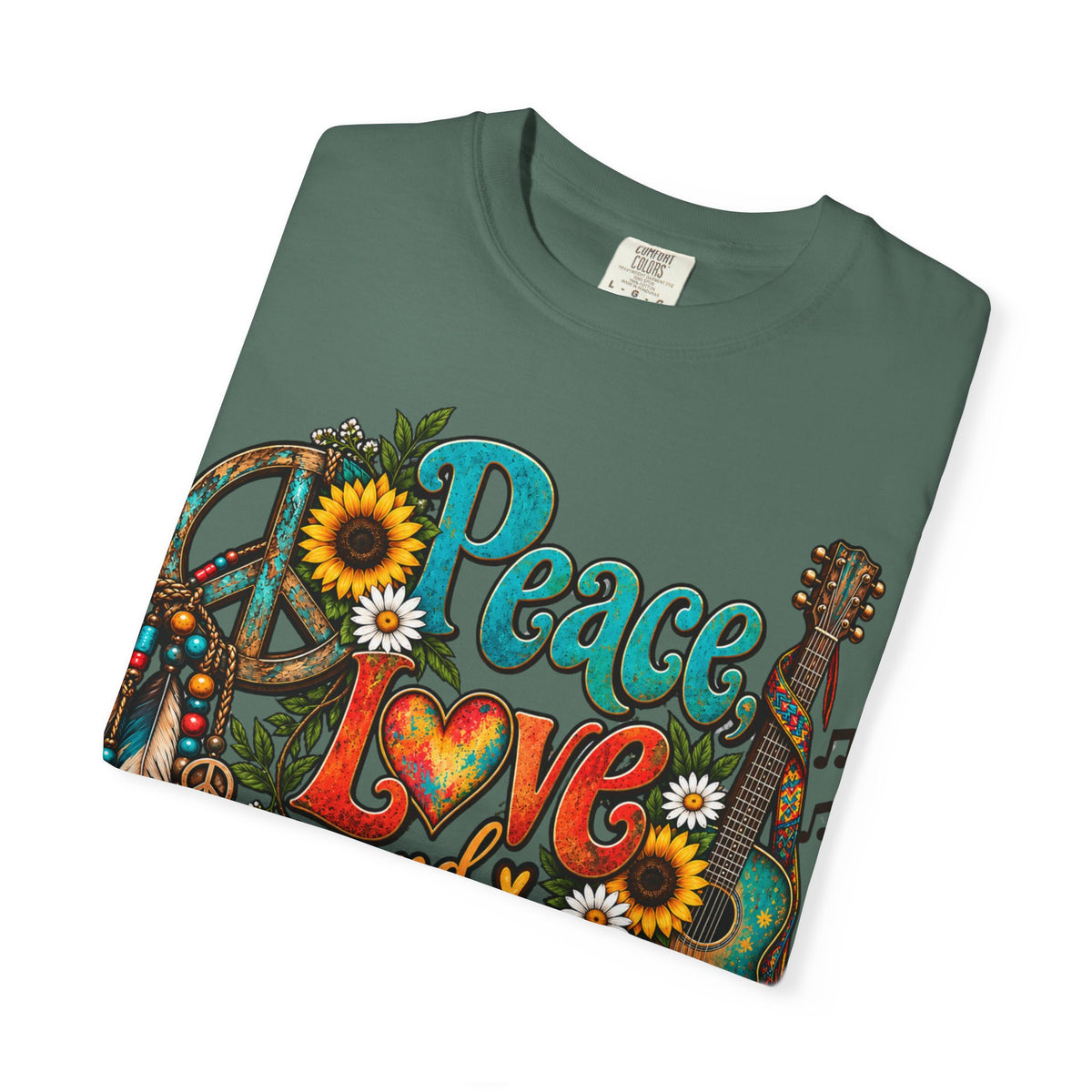 Peace, Love & Music Graphic T-Shirt — Retro Hippie Guitar Sunflower Tee