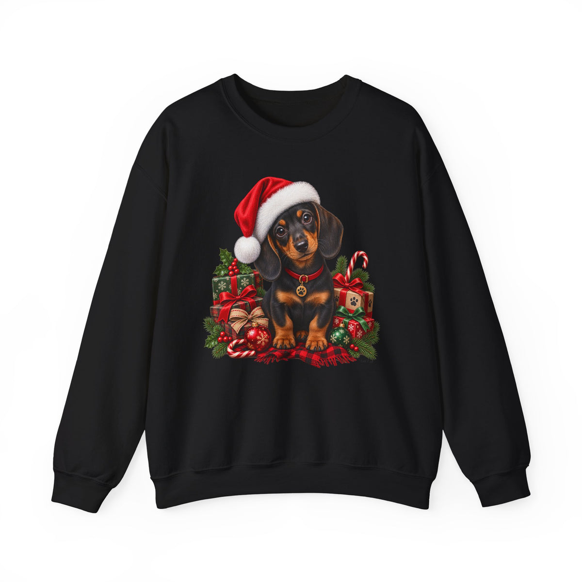 Christmas Dachshund Sweatshirt — Cute Puppy in Santa Hat Holiday Crewneck