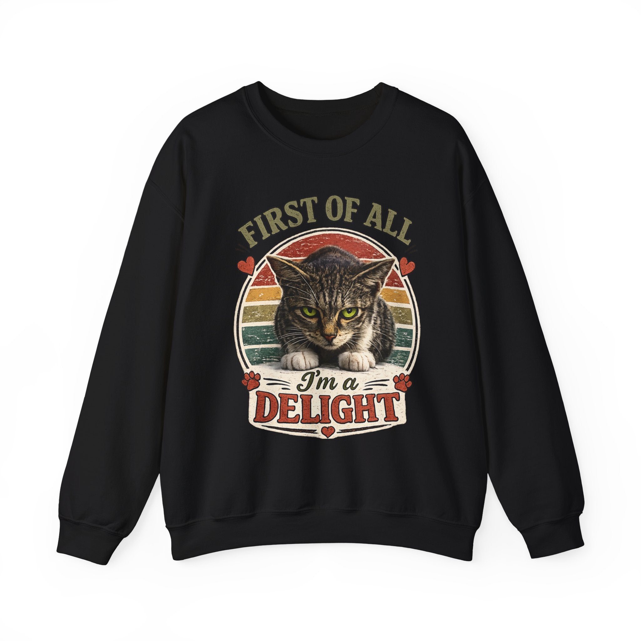 Cat Crewneck Sweatshirt — "First of All I'm a Delight" Retro Cat Pullover