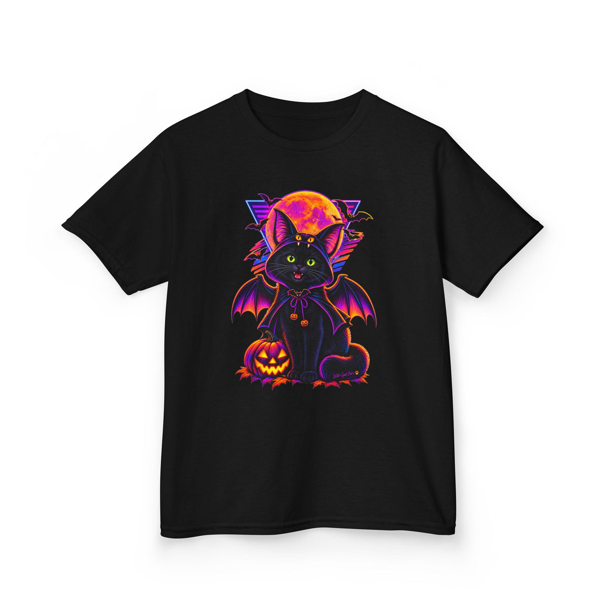 Kids Halloween Vampire  Bat Cat T-Shirt — Cute Black Cat with Pumpkin & Full Moon