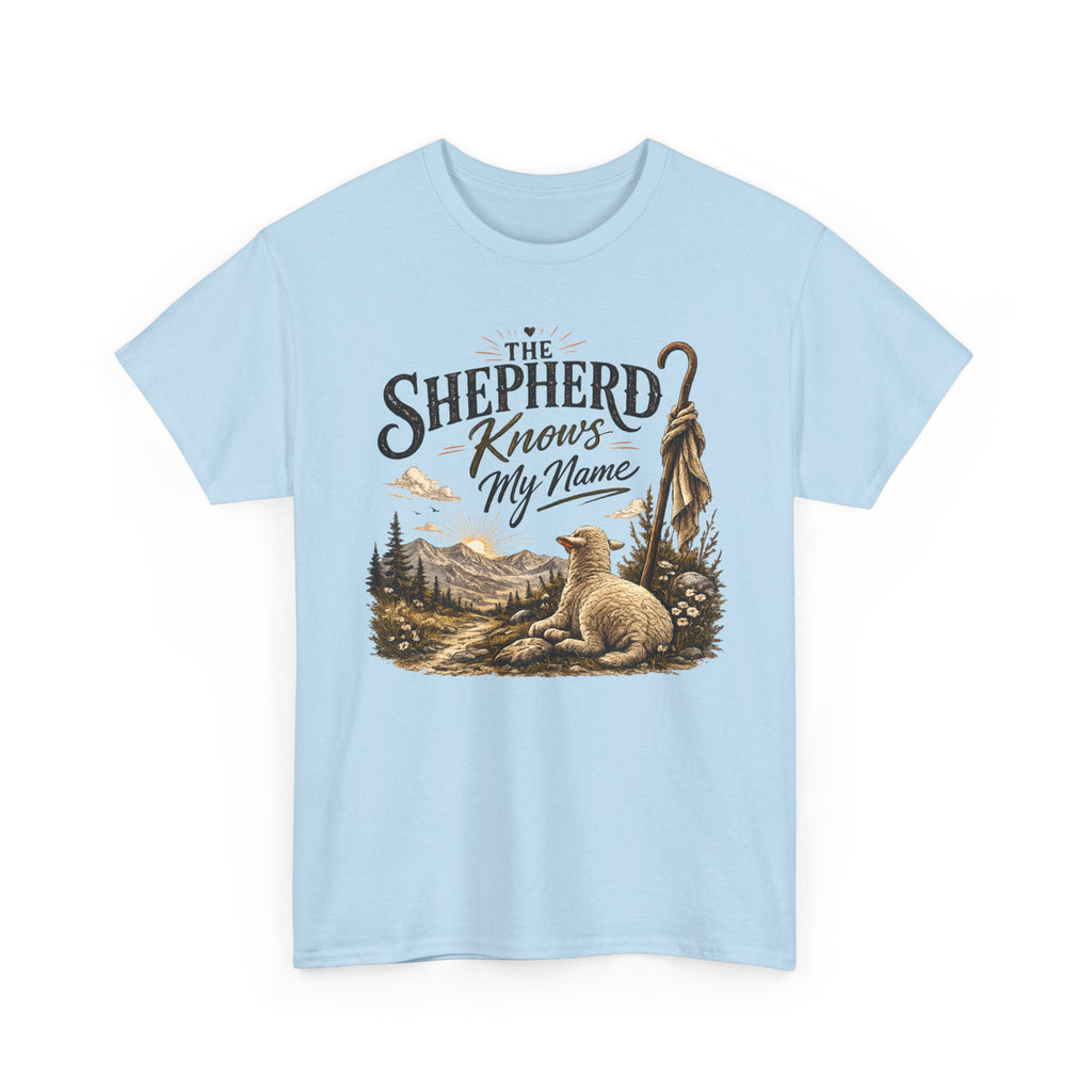 The Shepherd Knows My Name T‑Shirt — Christian Faith Tee with Shepherd & Sheep Design