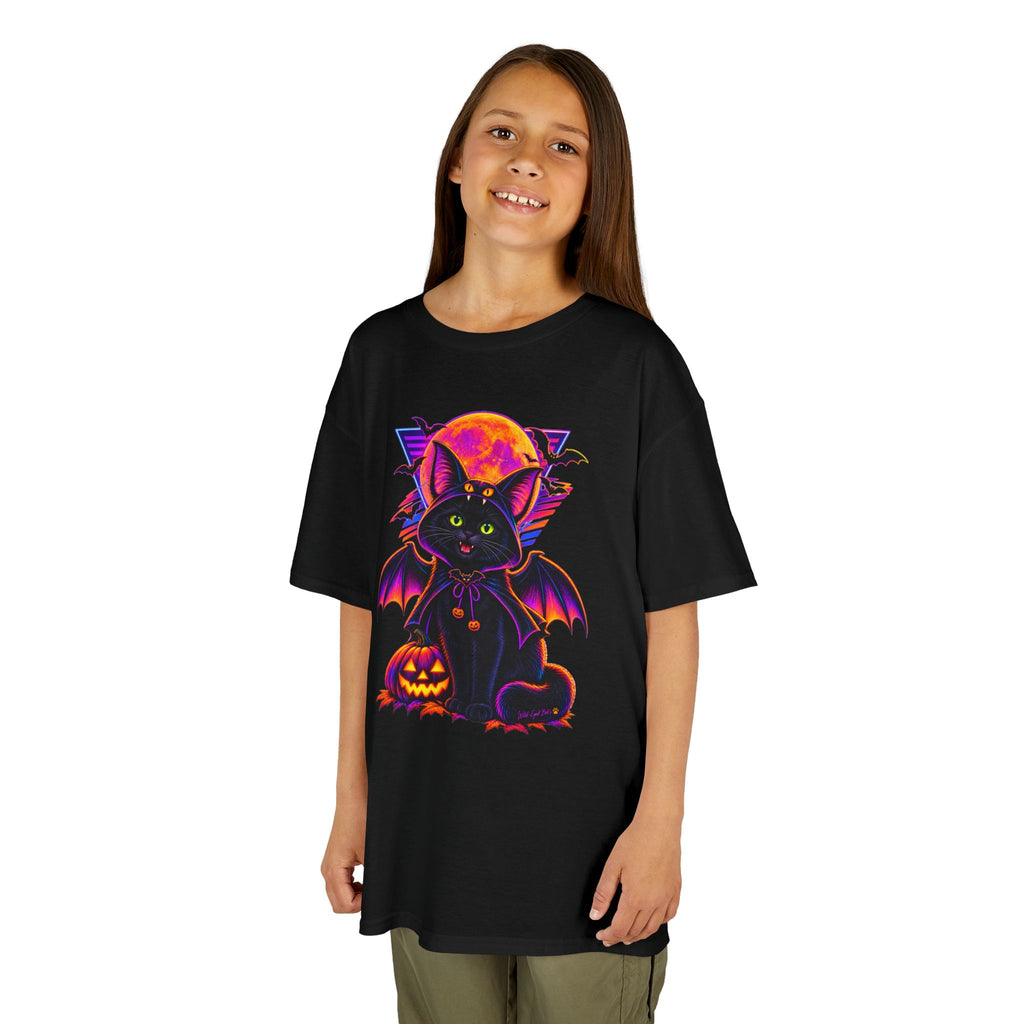 Kids Halloween Vampire  Bat Cat T-Shirt — Cute Black Cat with Pumpkin & Full Moon
