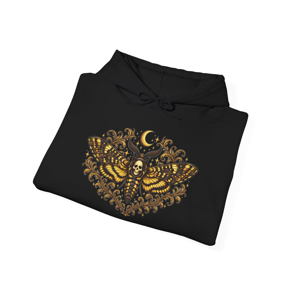 Mystic Death Moth Skull Hoodie – Crescent Moon Gothic Graphic Sweatshirt
