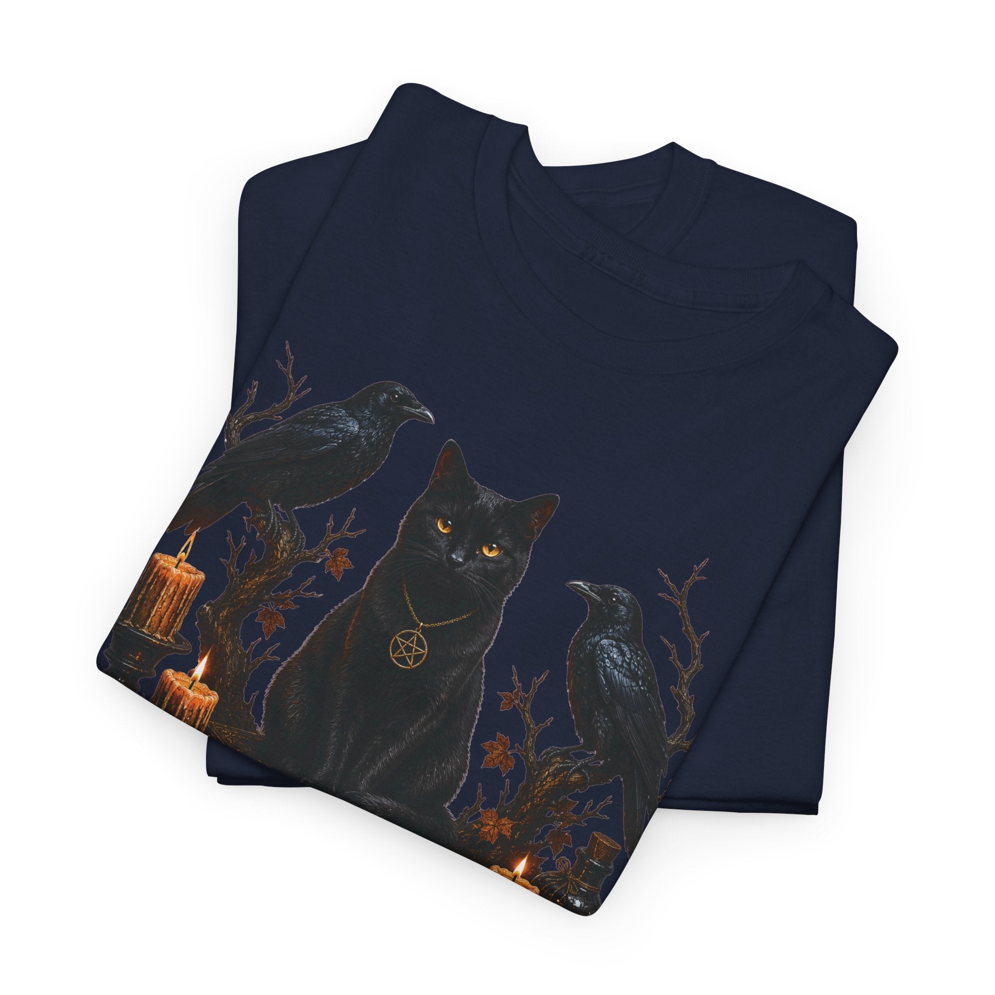 Witchy Black Cat T-Shirt — Candlelit Raven & Grimoire Gothic Tee