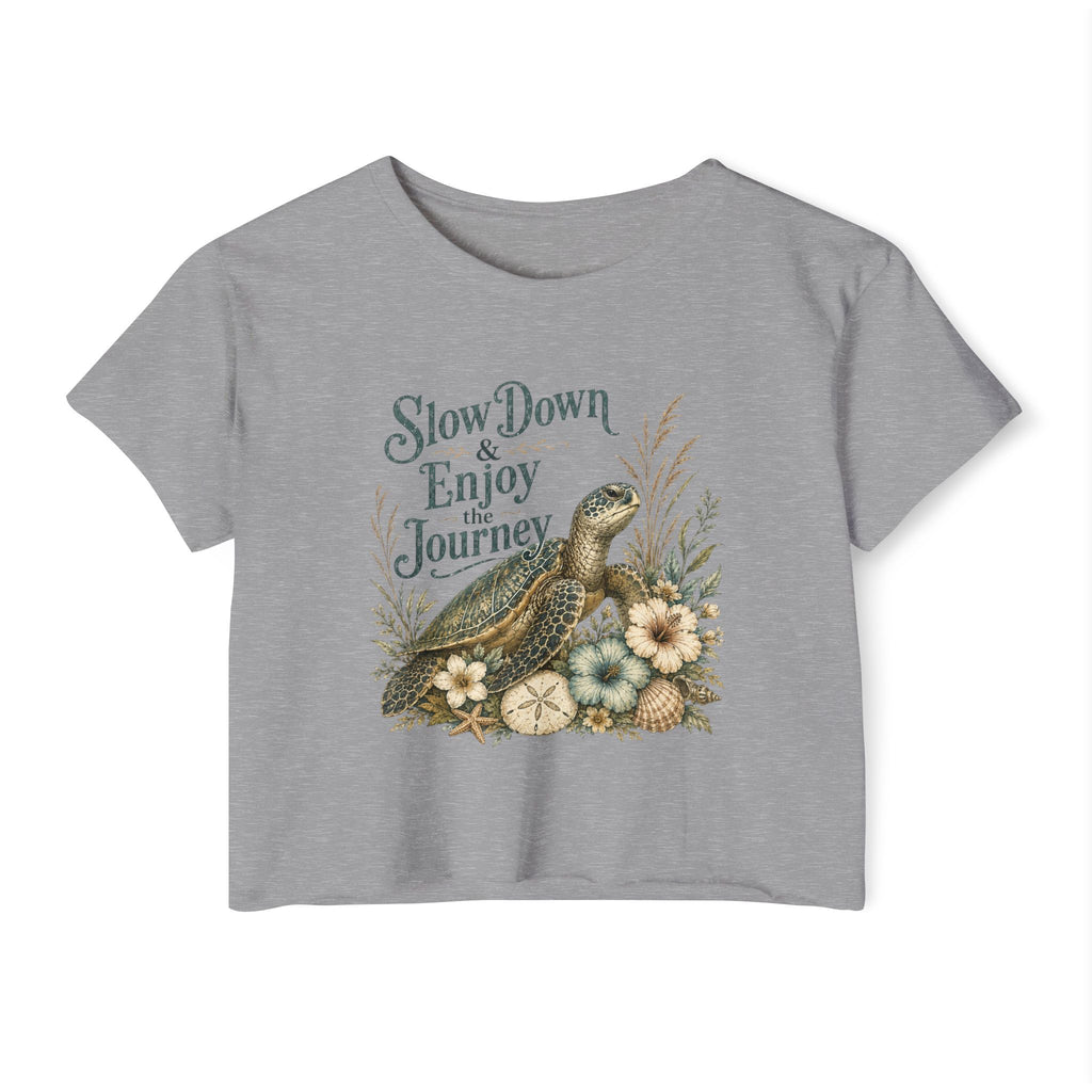 Women’s beach vibe Crop Top — “Slow Down & Enjoy the Journey” Sea Turtle Floral Festival Tee